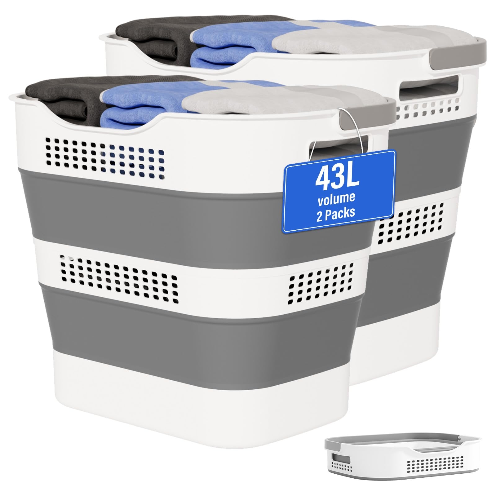 OOAMBB 43L+43L Collapsible Laundry Baskets plastic, Pop Up Laundry hamper/Storage Container, Foldable Laundry Basket with Handles, Durable,Space Saver (Grey, 2 Packs)