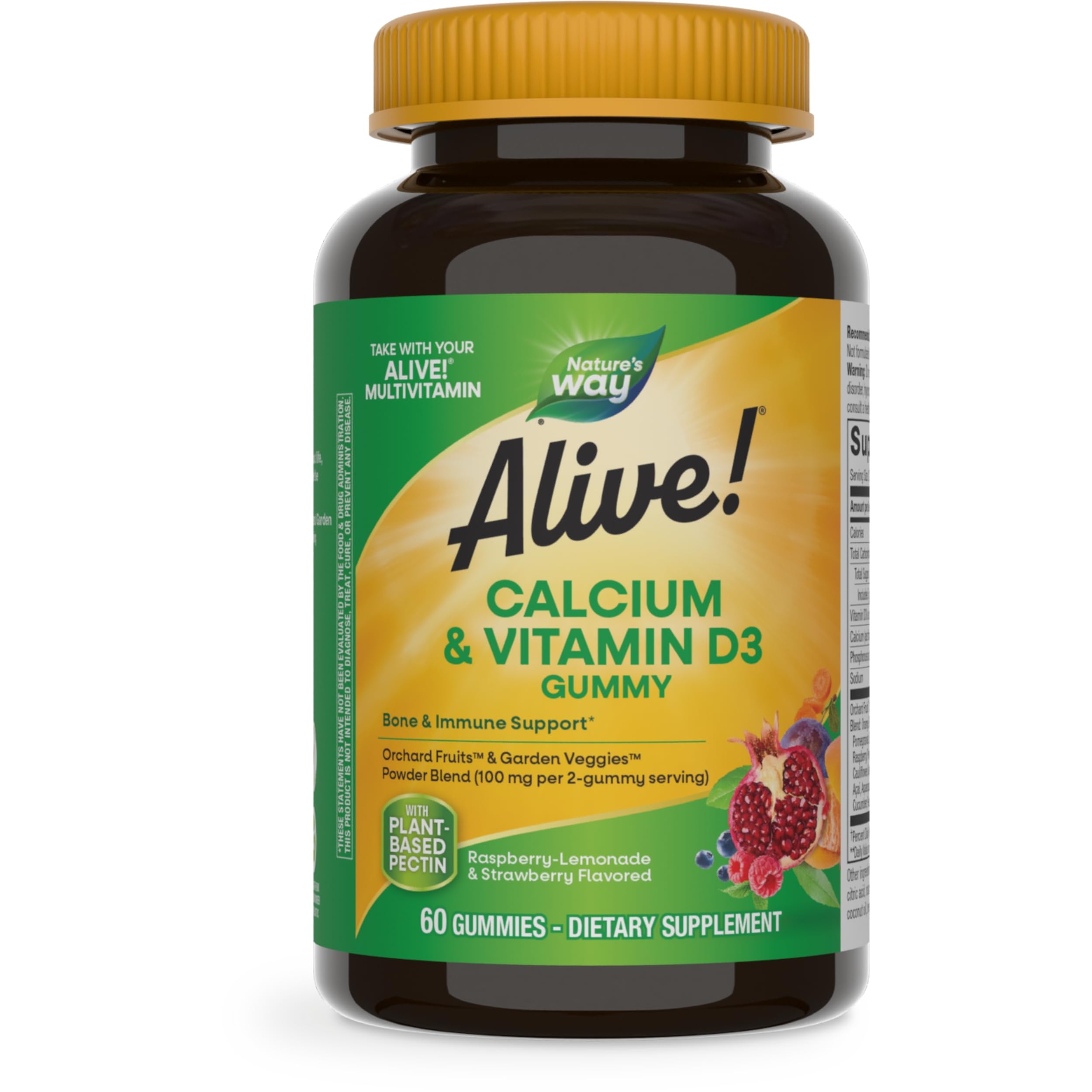 Nature's Way Alive! Daily Calcium & Vitamin D3 Gummies, Bone Support*, Immune Support*, Strawberry and Raspberry- Lemonade Flavored, 60 Gummies