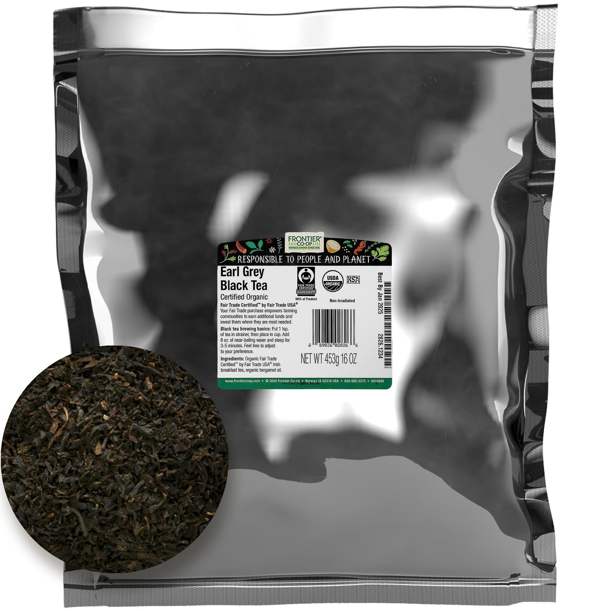 Frontier Co-op Organic Earl Grey Tea Loose Leaf, 1lb Bulk Bag - Premium Dried Loose Leaf Tea - Aromatic Black Tea Loose Leaf with Bergamot Oil, Kosher
