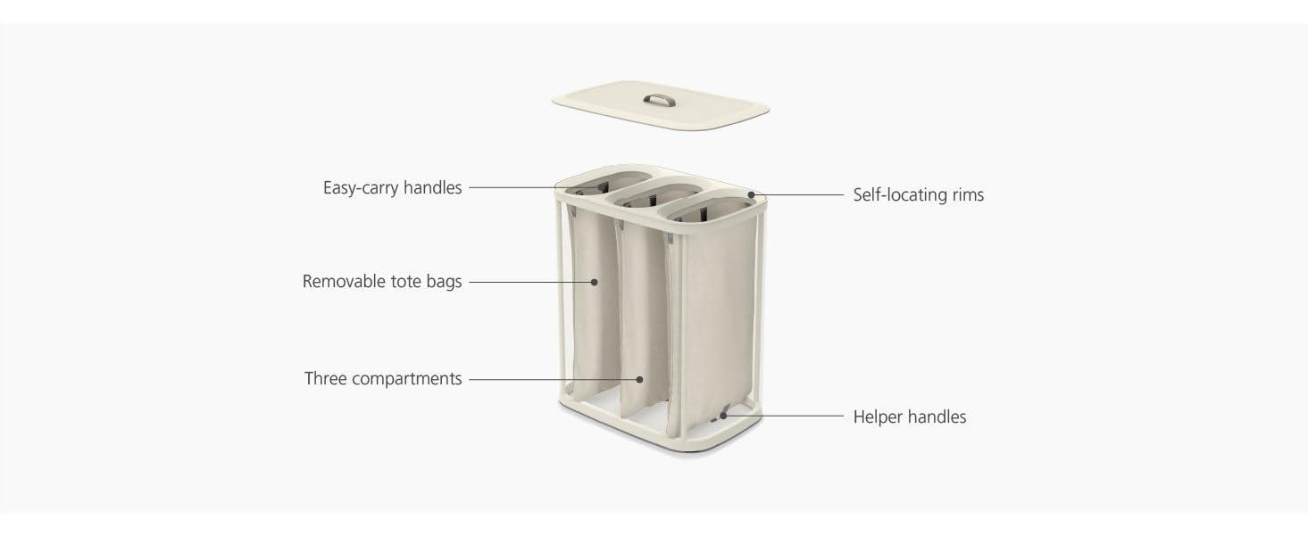 Joseph Joseph Tota Trio 90 liter/23.8 gallon Laundry Hamper Separation Basket with lid, 3 Removable Washing Bags with Handles- Ecru - Image 6