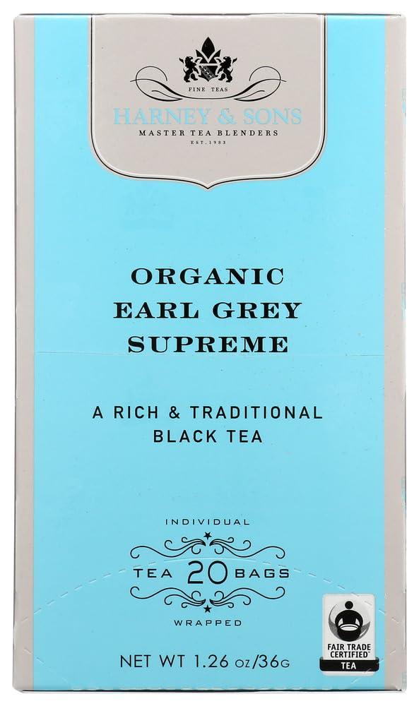 Harney & Sons Premium Tea, Organic Earl Grey Supreme Black Tea, Individually Wrapped Tea Bags, 20/box