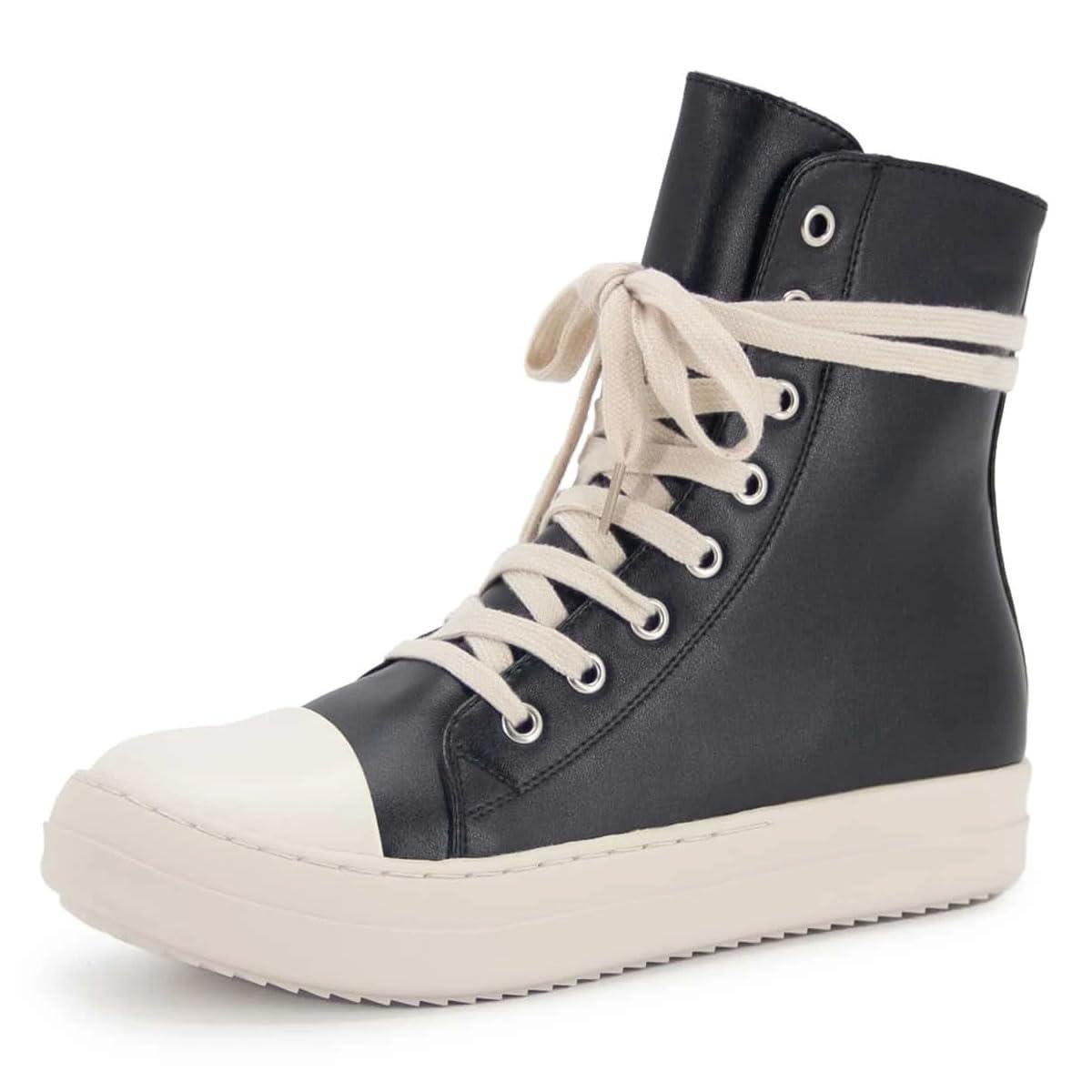 Kluolandi Women's High Top Sneakers Lace Up Canvas Shoes with Zipper Comfort Platform Walking Shoes in Black and White
