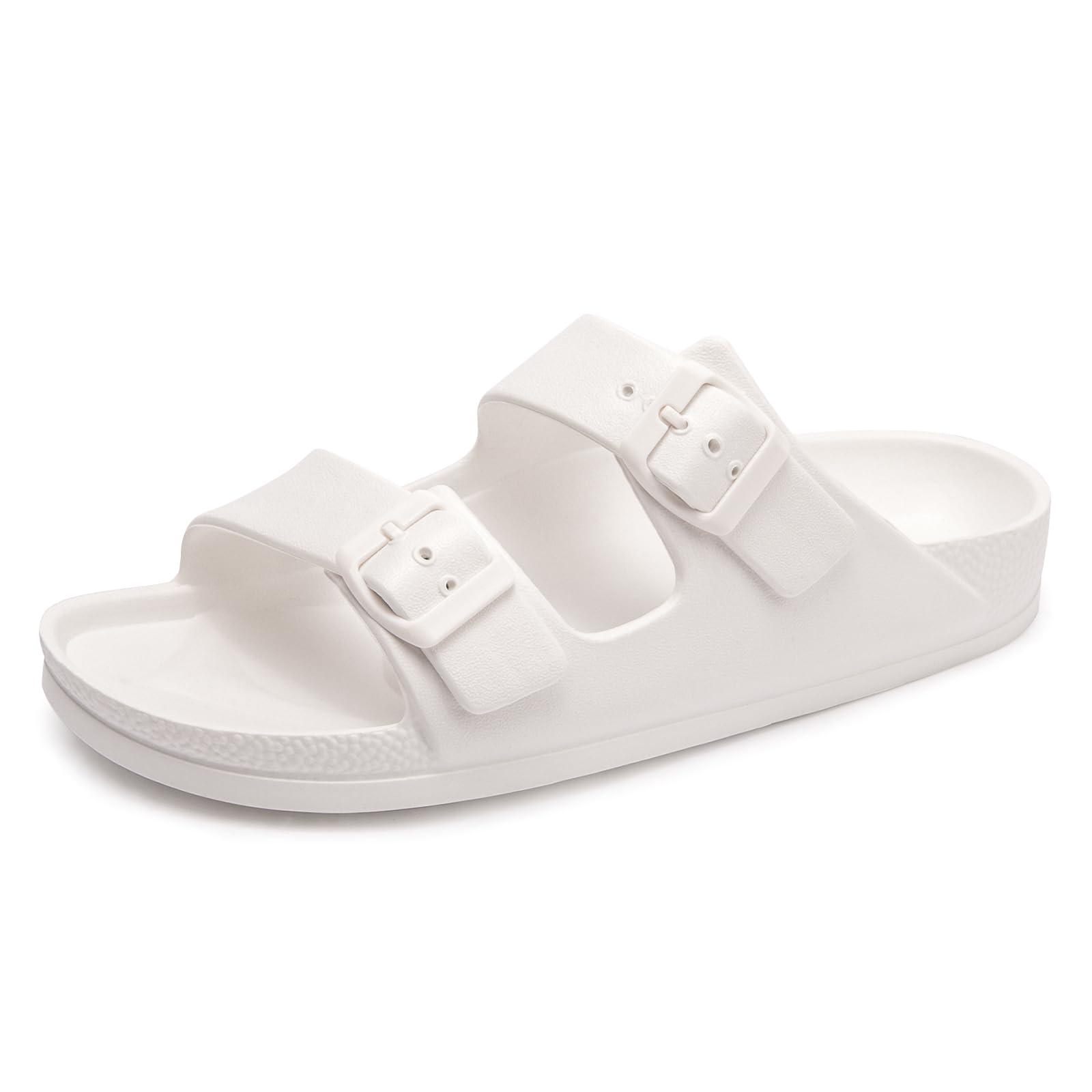 FUNKYMONKEY Women's Comfort Slides Double Buckle Adjustable Plastics Flat Sandals