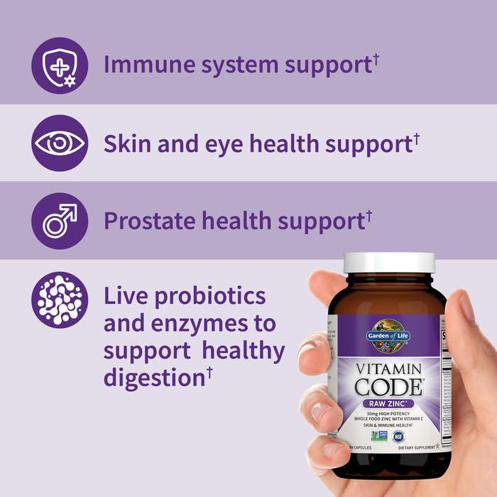 Garden of Life Zinc Supplements 30mg High Potency Raw Zinc and Vitamin C Multimineral Supplement, Vitamin Code Vitamins Trace Minerals & Probiotics for Skin Health & Immune Support, 60 Vegan Capsules - Image 2