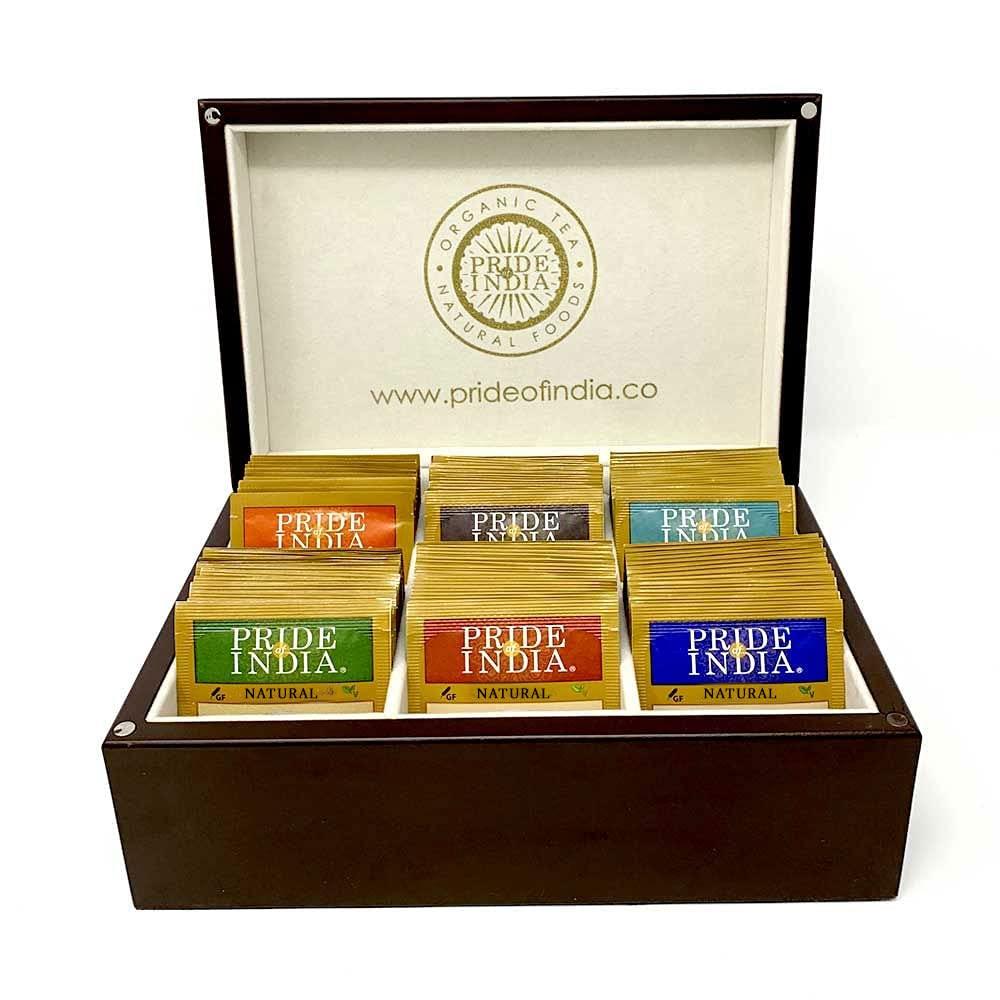 Pride Of India - Natural Classic Tea Chest - 72 Tea Bags Assorted, Hand packed, Perfect for Gifts & Holidays, Caffeinated + Decaf Black, Green & Herbal Tea Mix, Clear View Seethrough Lid Easy to store