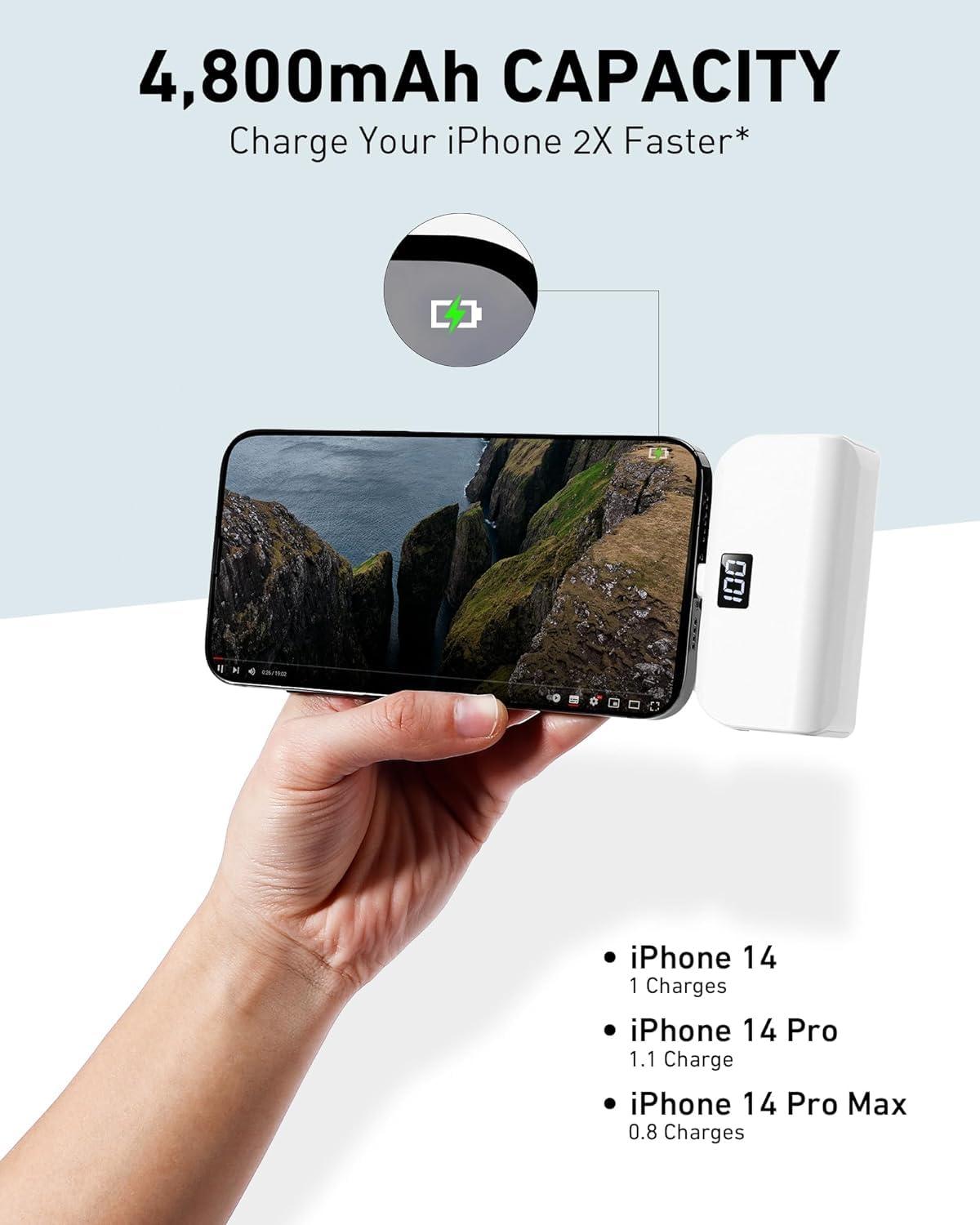 Mini Portable Charger for iPhone with Built in Cable, 4,800mAh Small Power Bank Fast Charging, Compatible with 14/14 Pro Max/13/13 Pro Max/12/12 Pro Max/11/XR/X/8/7/6 Series, Black - Image 3