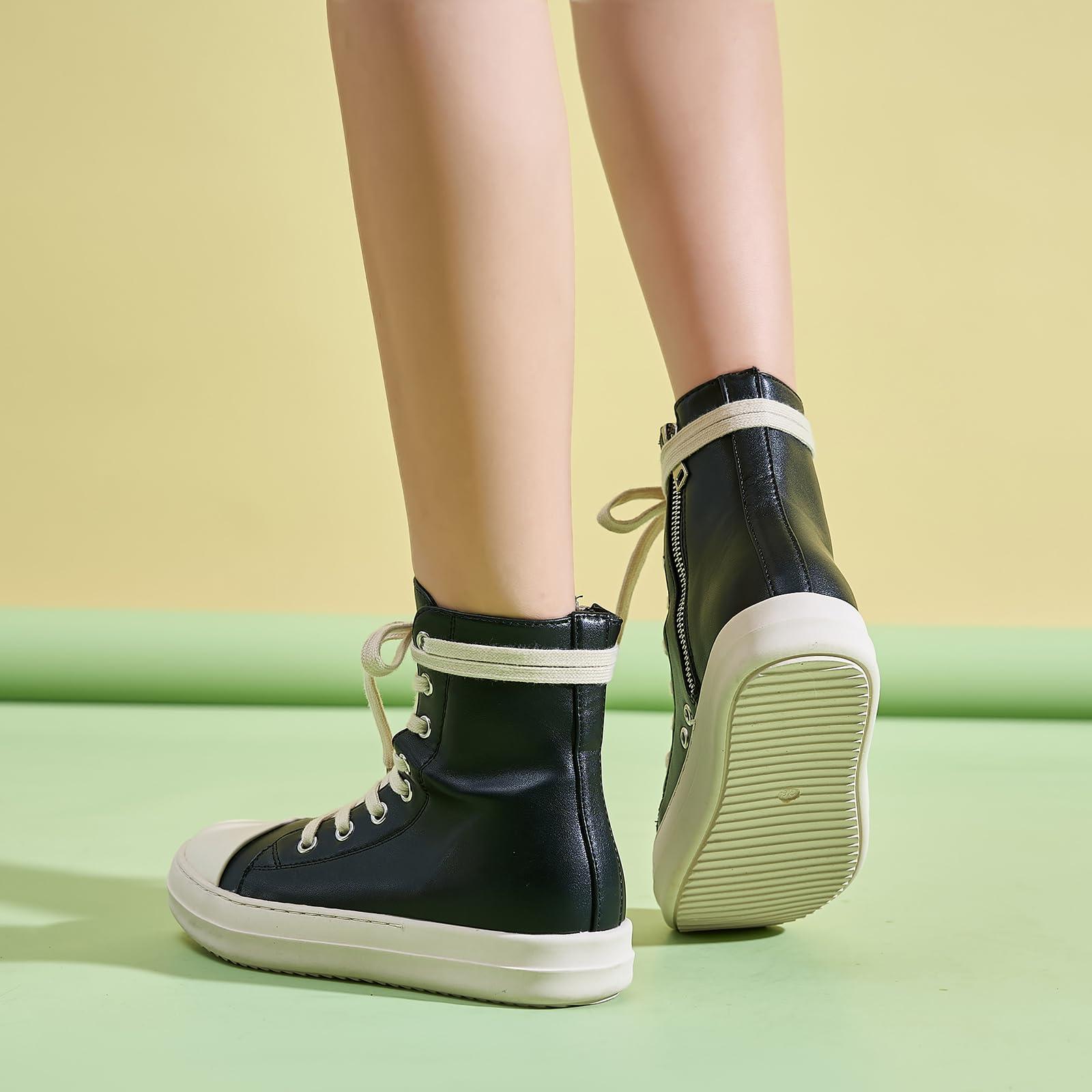 Kluolandi Women's High Top Sneakers Lace Up Canvas Shoes with Zipper Comfort Platform Walking Shoes in Black and White - Image 5