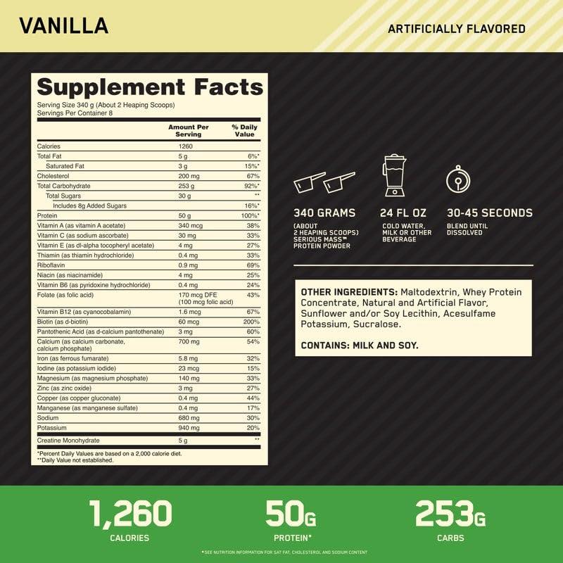 Optimum Nutrition Serious Mass, Weight Gainer Protein Powder with Creatine - Image 3