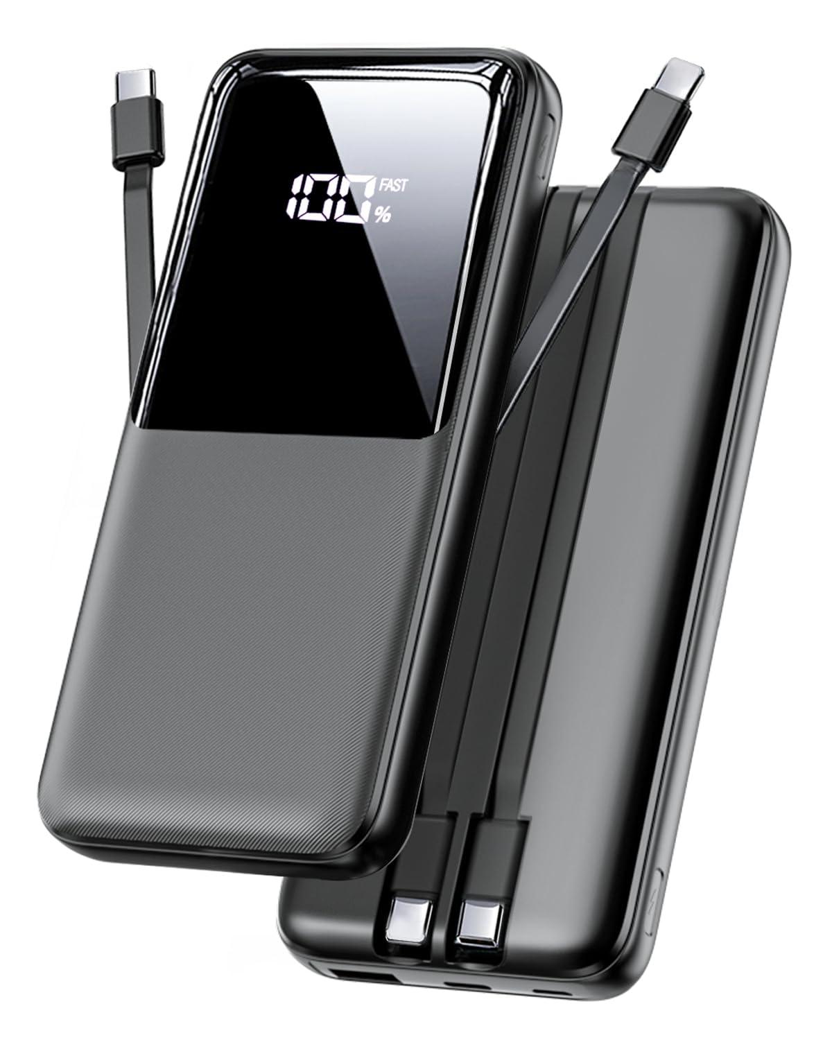 Portable Charger Power Bank - 15000mAh Fast Charging Powerbank Battery Pack with Built in USB-C(22.5W) and iOS(20W) Output Cable Compatible with iPhone Android Samsung etc (1 Pack, Black)
