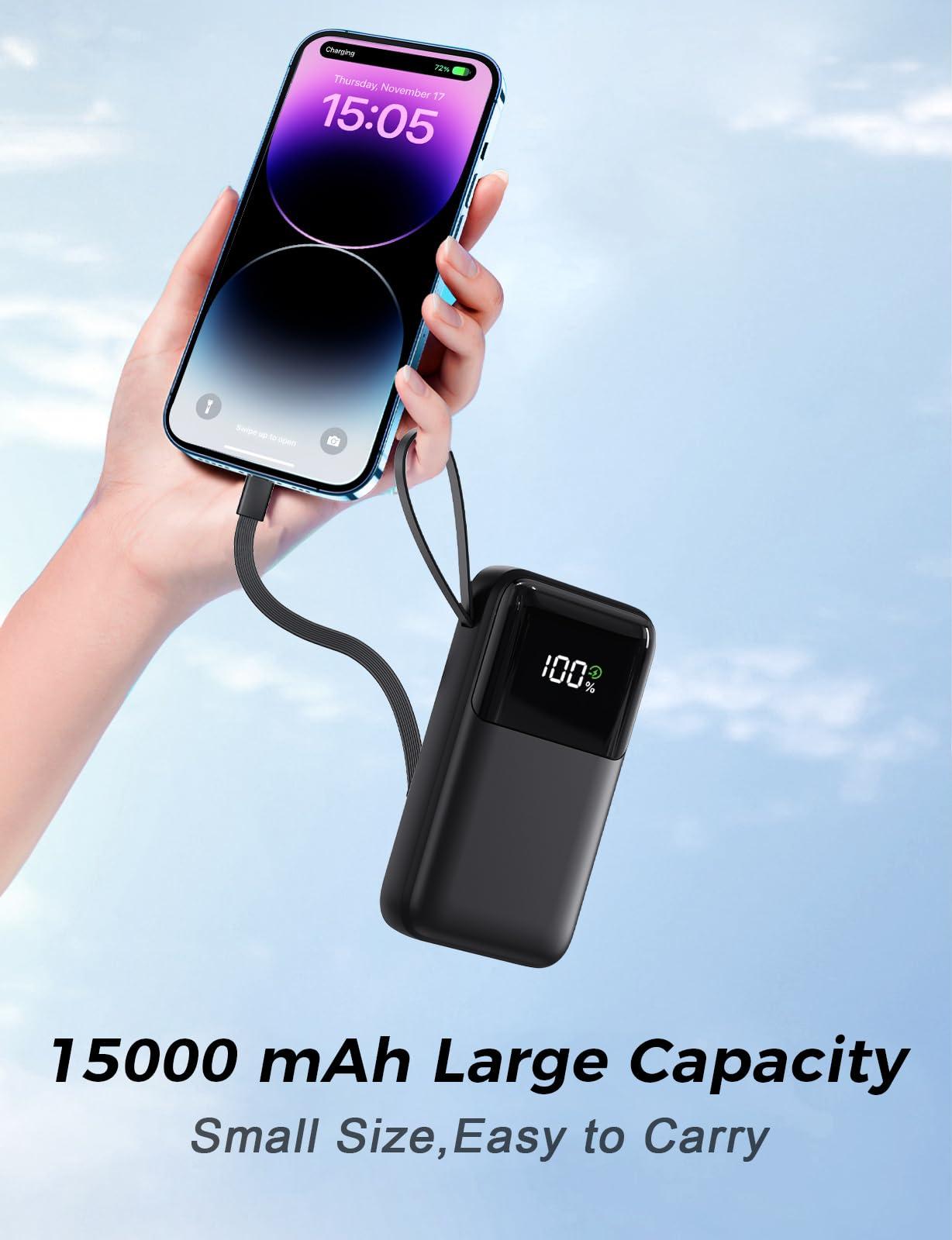 Portable Charger with Built in Cable, 15000mAh Power Bank, 22.5W Fast Charging, 6 Outputs, Slim Travel Essential Battery Pack with LED Display, Compatible with iPhone 16/15/14/13, Samsung, iPad, etc - Image 5