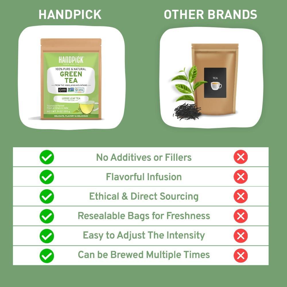 HANDPICK, Green Tea Loose Leaf (255g/9oz) +100 Cups | Non-GMO, 100% Pure Green Tea Leaves Sourced from Himalayas, India | Resealable Ziplock Pouch - Image 6