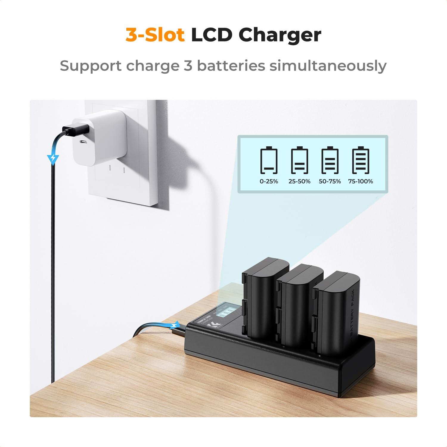 K&F Concept 3-Pack LP-E6NH Battery and Triple Slot Charger for Canon EOS R7, R6, R5, R, 6D Mark II, 5D Mark IV, 5D Mark III, 5DS, 5DS R, 5D Mark II, 80D, 90D, 6D, 7D, 7D Mark II, 2250mAh - Image 3