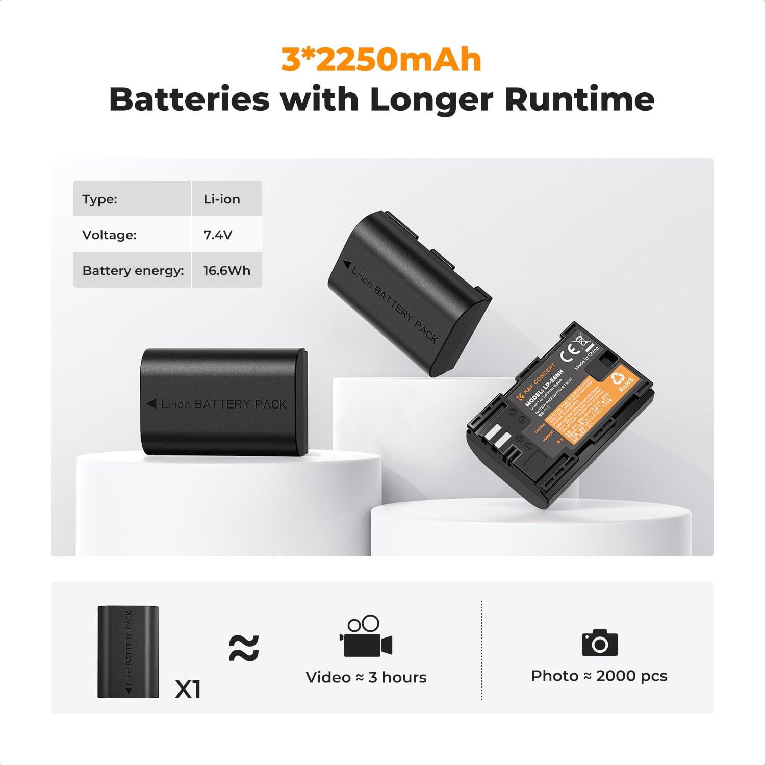 K&F Concept 3-Pack LP-E6NH Battery and Triple Slot Charger for Canon EOS R7, R6, R5, R, 6D Mark II, 5D Mark IV, 5D Mark III, 5DS, 5DS R, 5D Mark II, 80D, 90D, 6D, 7D, 7D Mark II, 2250mAh - Image 2