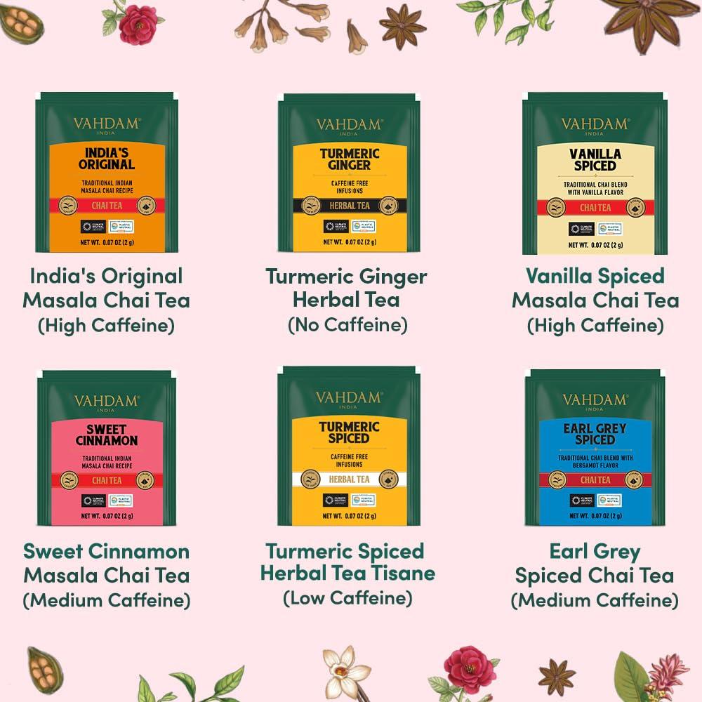 VAHDAM, Assorted Chai Tea Variety Pack (6 Delicious Flavors, 36 Eco Friendly Pyramid Tea Bags) Caffeinated, Gluten Free, Non GMO | Indian Masala Chai Tea Blends | Tea Gift Sets for Men and Women - Image 2