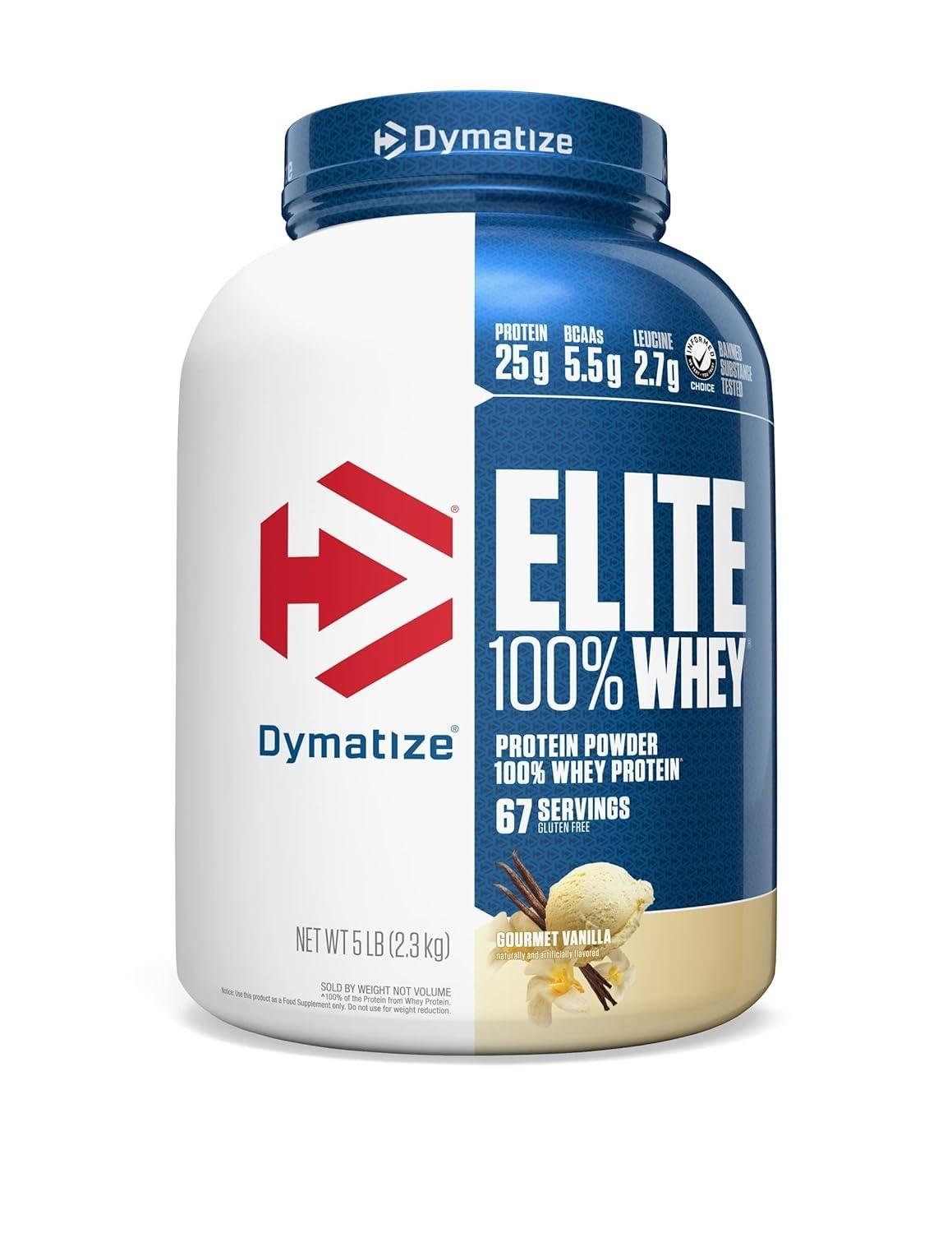 Dymatize Elite 100% Whey Protein Powder, Vanilla, 25g of Protein, 67 Servings, 5.5g BCAAs, Less Than 140 Cal., Gluten Free, 2g Carb, 2g Sugar, 3g Fat