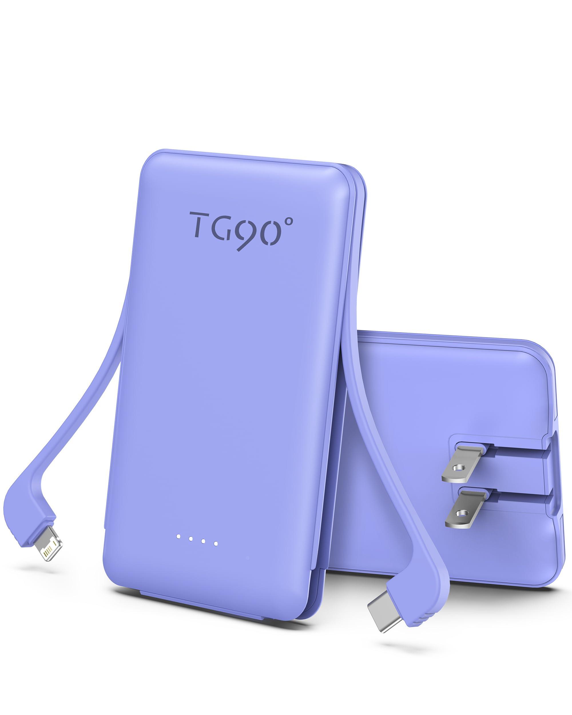 TG90° Portable Phone Charger Ultra Mini Power Bank with Built-in Foldable AC Wall Plug and Cables,5000mAh External Battery Pack Compatible with iPhone and Android Smart Devices