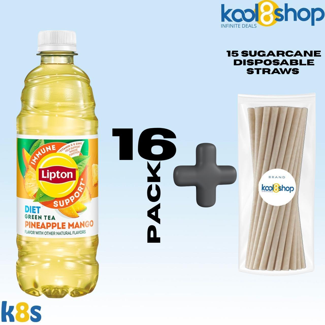 Lipton Diet Pineapple Mango Immune Support Green Tea 16.9 fl oz Plastic Bottle 16 Pack + 15 Sugarcane Disposable Straws by KOOL8SHOP Infinite Deals - Image 4