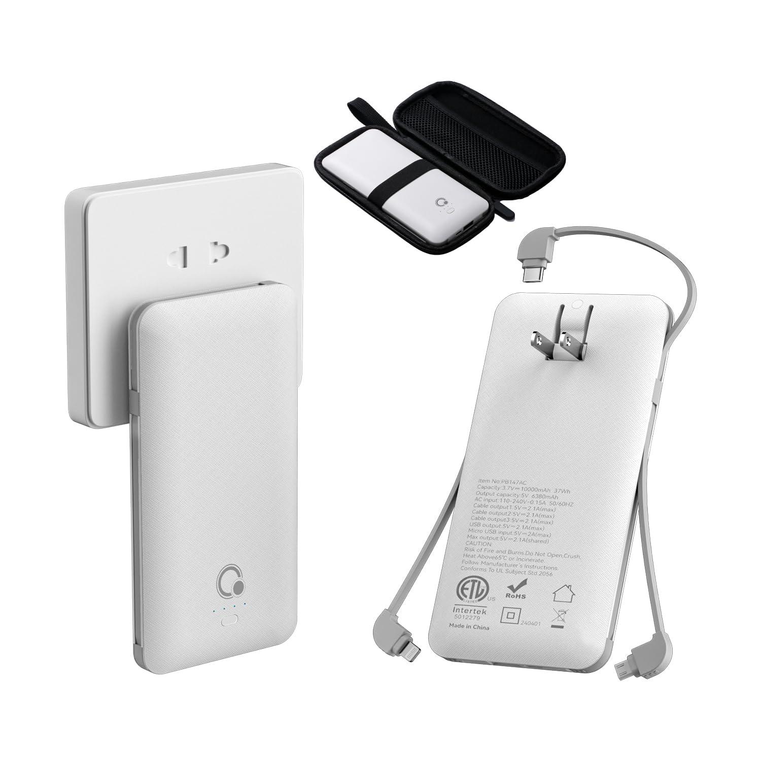 Q 10000mAh Power Bank, Slim Portable Charger,4 Output External Battery Pack with Built-in AC Wall Plug Micro USB C 3 Cables Compatible with iPhone Samsung Android Phone Tablet and More