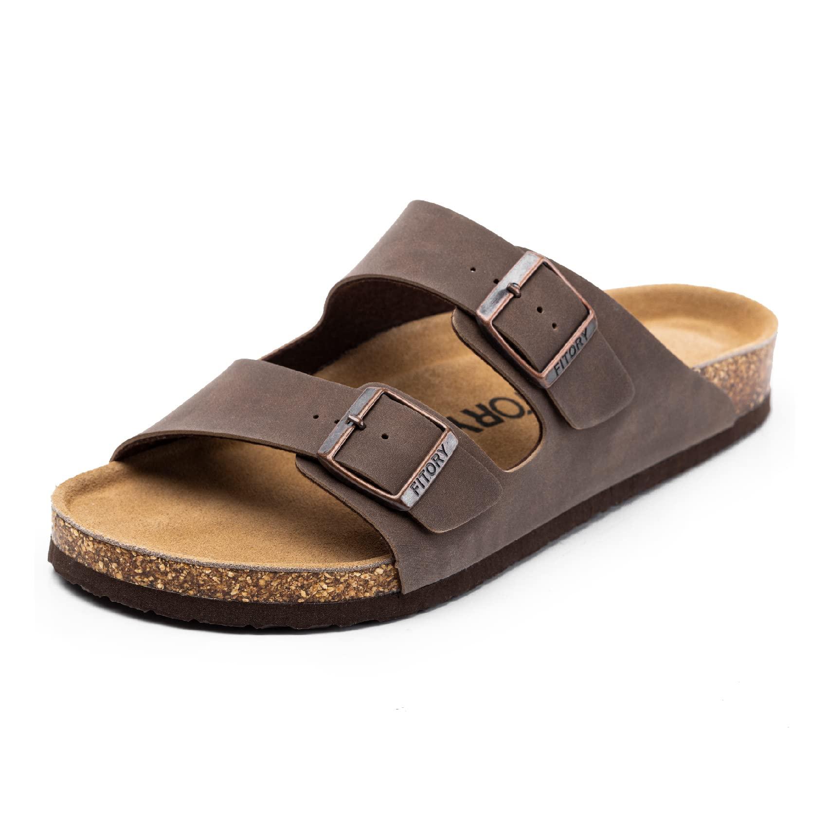 FITORY Mens Leather Insole Sandals with Two Buckles,Open Toe Slides for Indoor and Outdoor Size 7-14.5