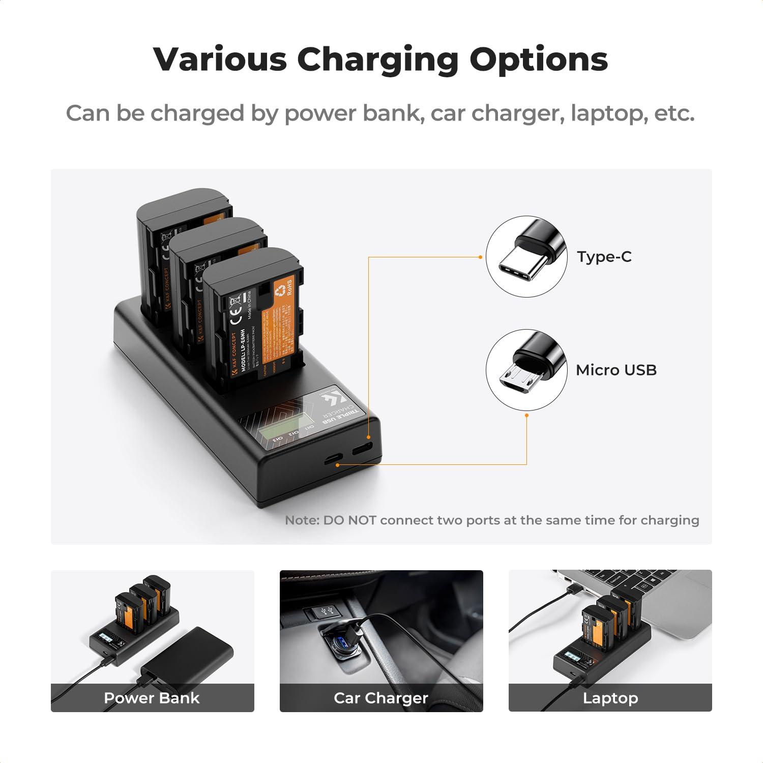 K&F Concept 3-Pack LP-E6NH Battery and Triple Slot Charger for Canon EOS R7, R6, R5, R, 6D Mark II, 5D Mark IV, 5D Mark III, 5DS, 5DS R, 5D Mark II, 80D, 90D, 6D, 7D, 7D Mark II, 2250mAh - Image 6