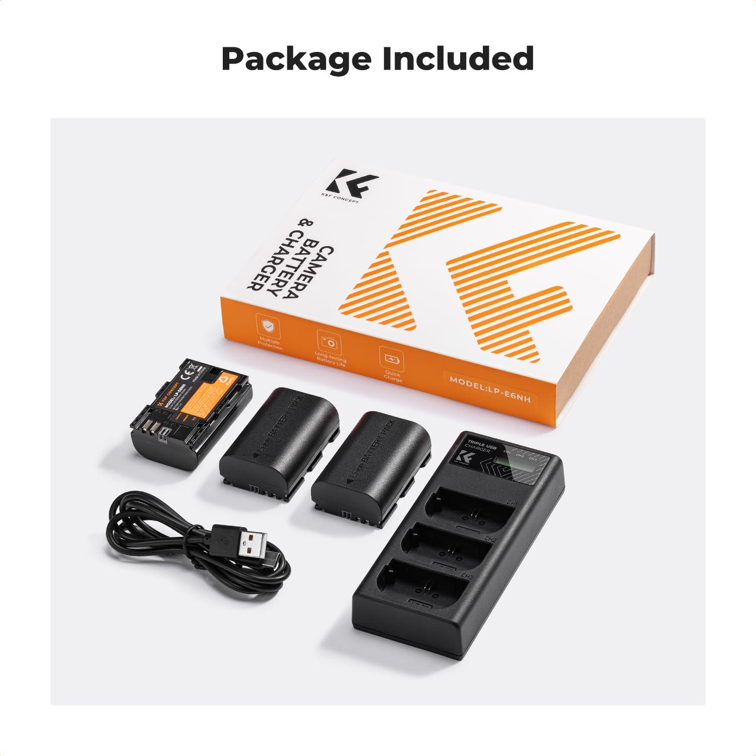 K&F Concept 3-Pack LP-E6NH Battery and Triple Slot Charger for Canon EOS R7, R6, R5, R, 6D Mark II, 5D Mark IV, 5D Mark III, 5DS, 5DS R, 5D Mark II, 80D, 90D, 6D, 7D, 7D Mark II, 2250mAh - Image 7