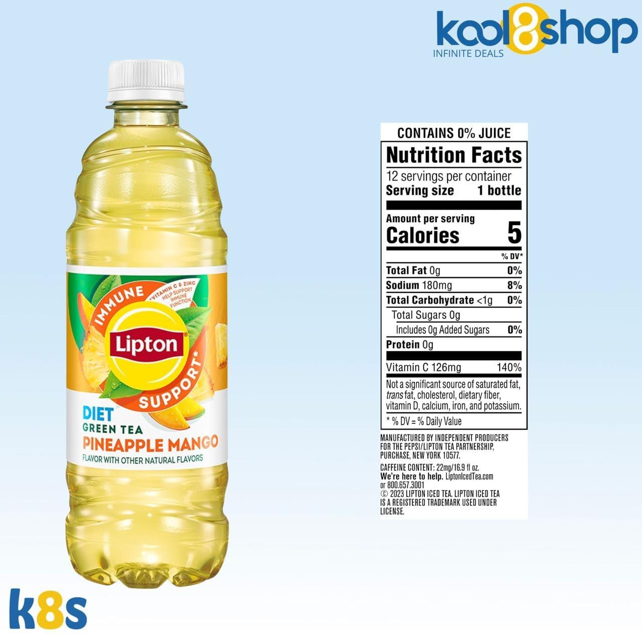 Lipton Diet Pineapple Mango Immune Support Green Tea 16.9 fl oz Plastic Bottle 16 Pack + 15 Sugarcane Disposable Straws by KOOL8SHOP Infinite Deals - Image 2
