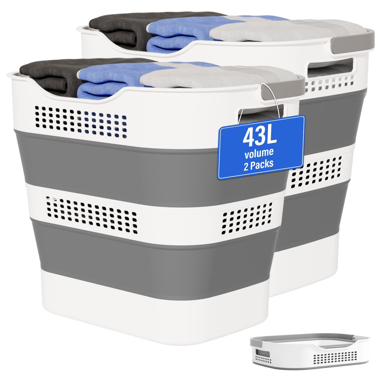 OOAMBB 43L+43L Collapsible Laundry Baskets plastic, Pop Up Laundry hamper/Storage Container, Foldable Laundry Basket with Handles, Durable,Space Saver (Grey, 2 Packs)