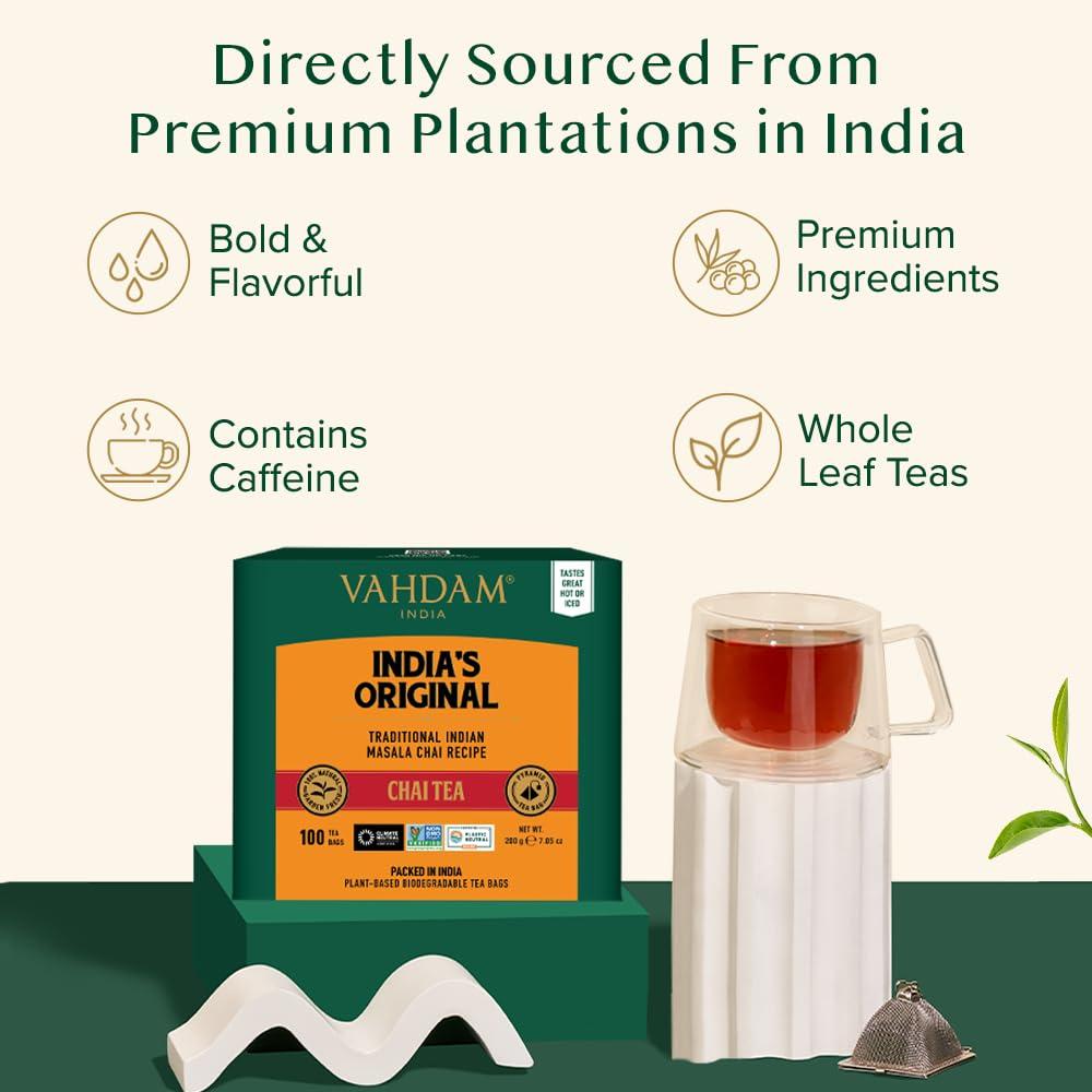 VAHDAM, India's Original Masala Chai Tea Bags (100 Count) No Added Flavoring | Blended w/Exotic Spices | Whole Leaf Tea Bags | Resealable Ziplock Pouch - Image 3