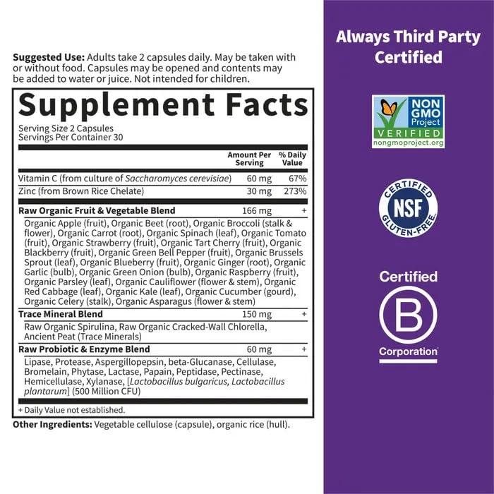Garden of Life Zinc Supplements 30mg High Potency Raw Zinc and Vitamin C Multimineral Supplement, Vitamin Code Vitamins Trace Minerals & Probiotics for Skin Health & Immune Support, 60 Vegan Capsules - Image 5