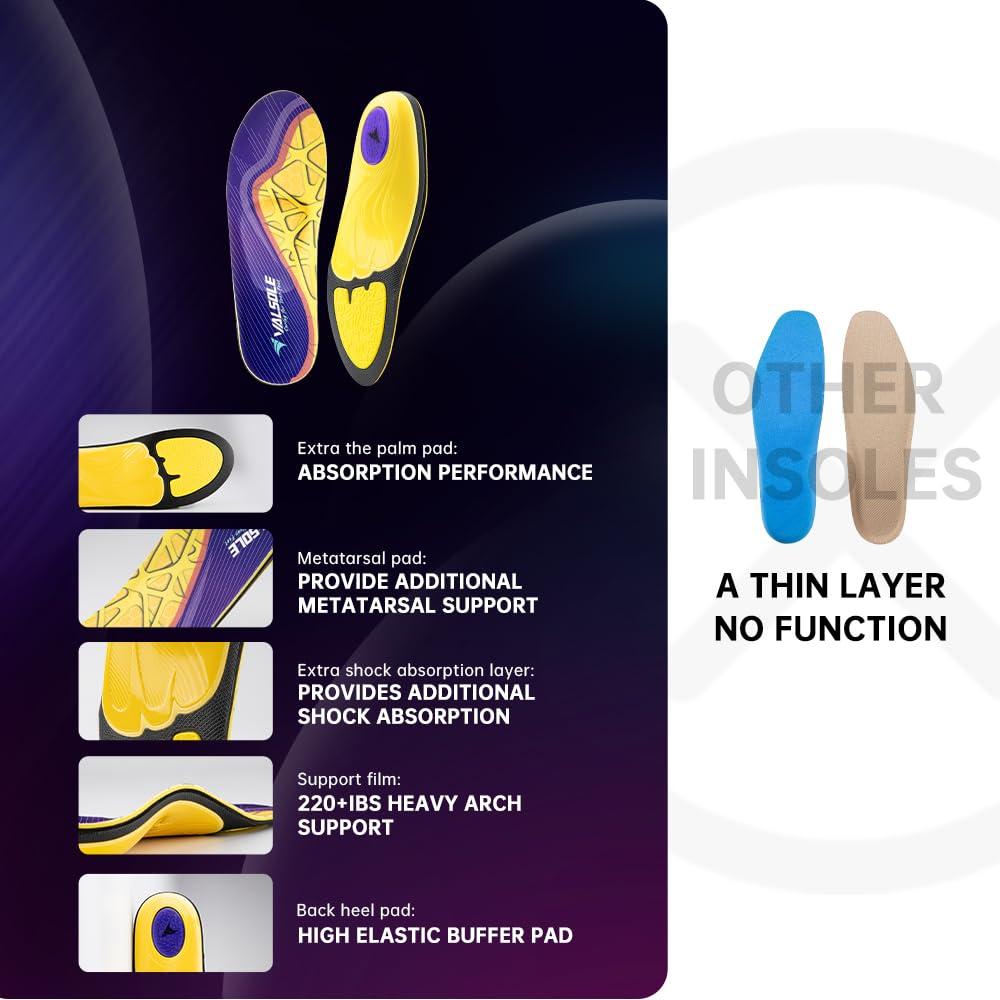 VALSOLE Heavy Duty Support Pain Relief Orthotics - 220+ lbs Plantar Fasciitis High Arch Support Insoles for Men Women, Flat Feet Orthotic Insert, Work Boot Shoe Insole, Absorb Shock with Every Step - Image 2