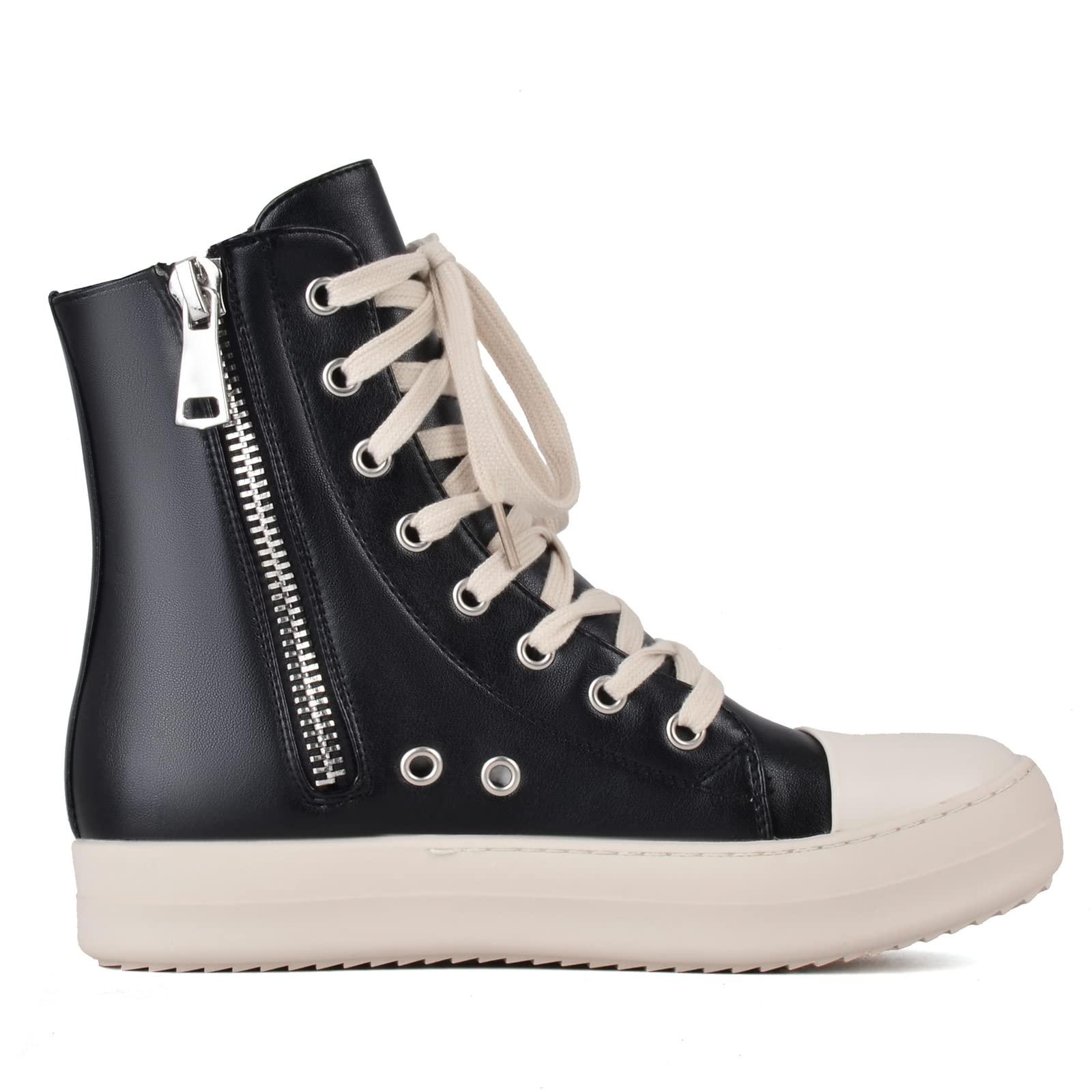 Kluolandi Women's High Top Sneakers Lace Up Canvas Shoes with Zipper Comfort Platform Walking Shoes in Black and White - Image 2