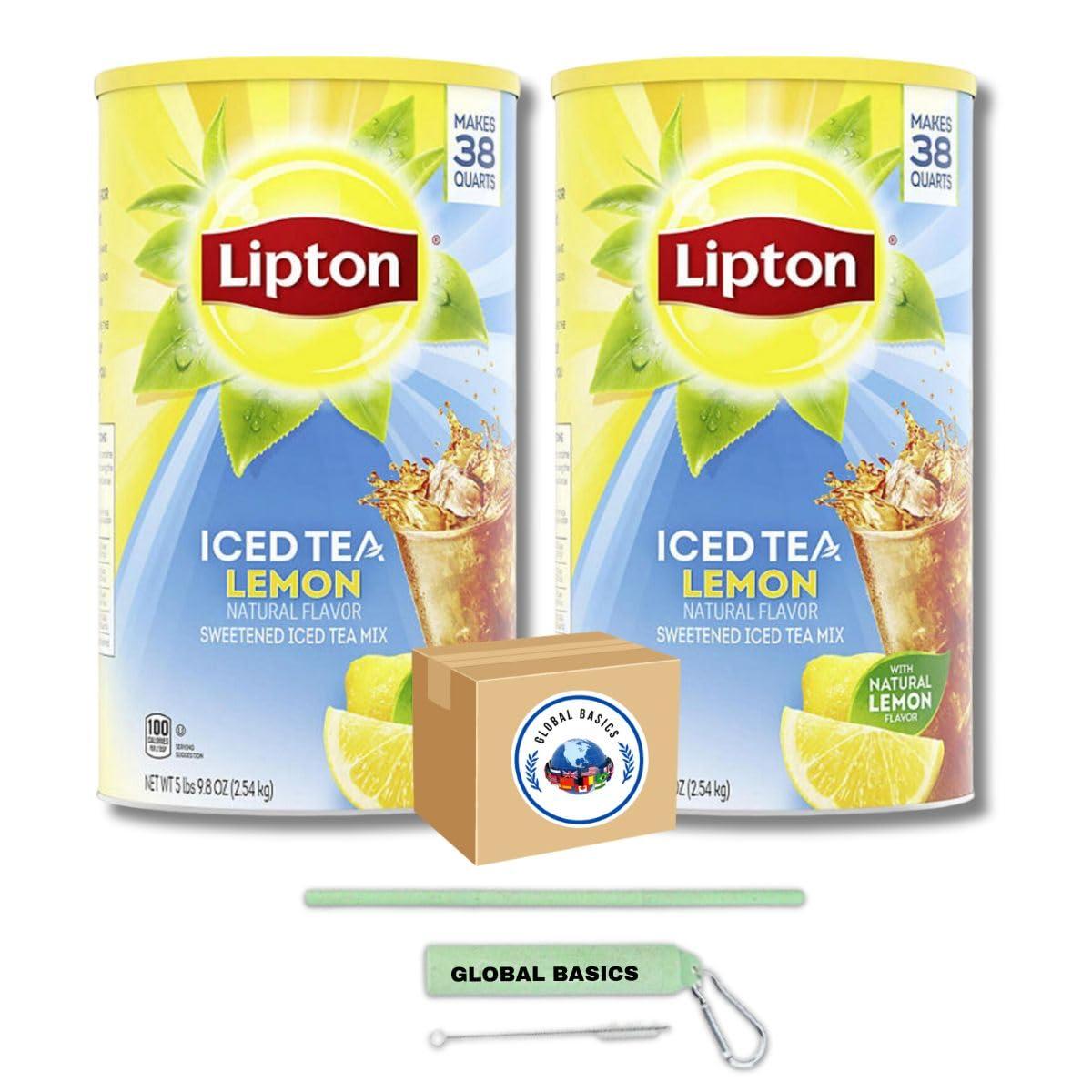 Global Basics Iced Tea Powdered Drink Mix | Pack of 2 | 89.8 oz Per Canister - 179.6 oz TOTAL | Includes A Global Basics Reusable Straw Set! (Lemon)