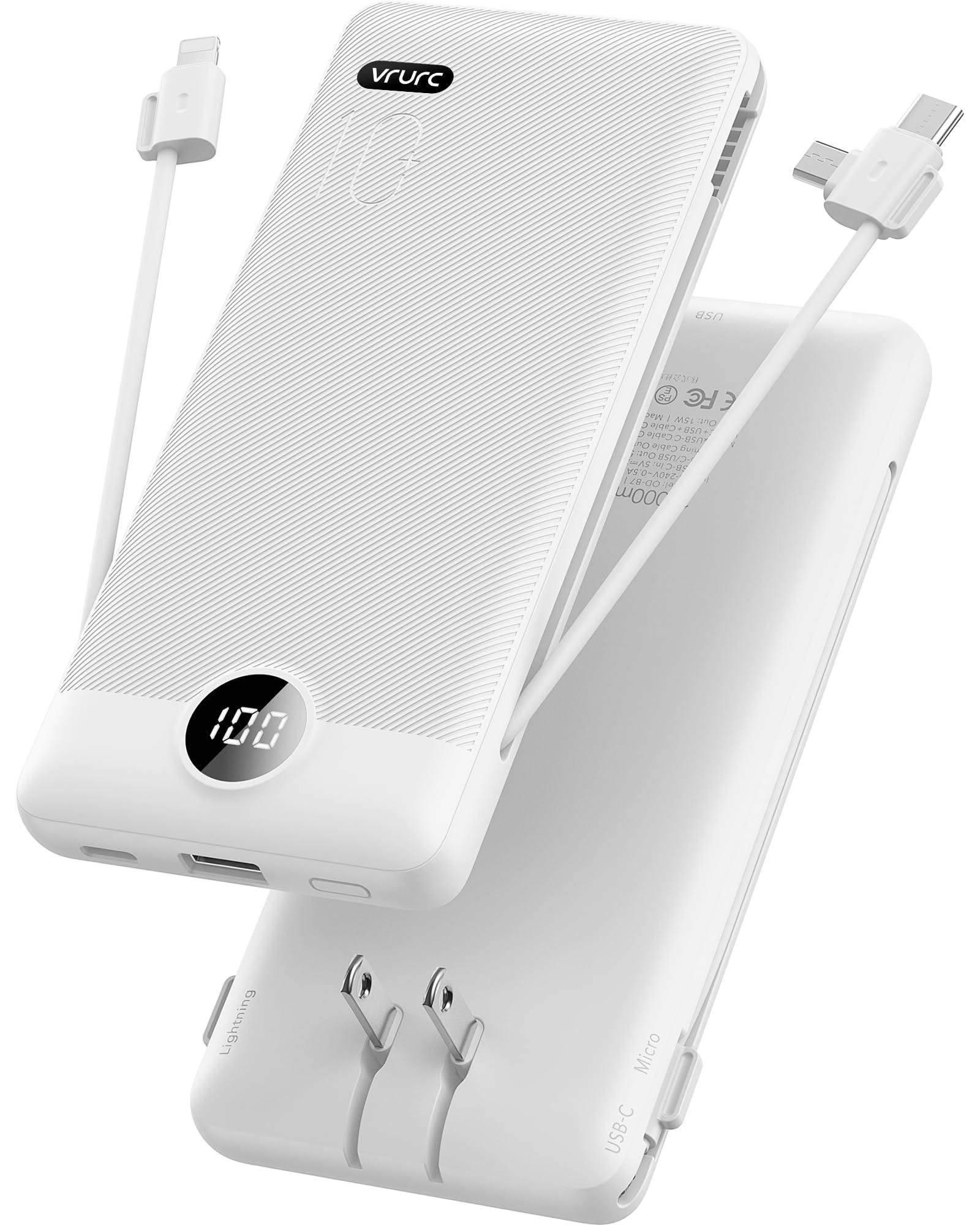 VRURC Portable Charger Built-in Cables and AC Wall Plug, USB C Power Bank 10000mAh, Travel Essentials Phone Charger Compact Lightweight External Battery Pack for Smart Phones, Tablets etc-White