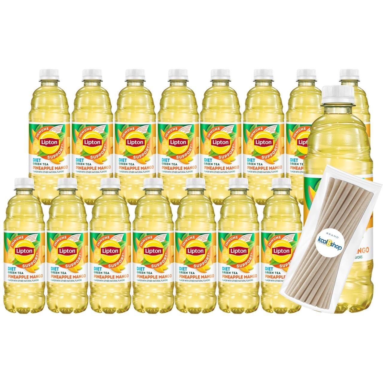 Lipton Diet Pineapple Mango Immune Support Green Tea 16.9 fl oz Plastic Bottle 16 Pack + 15 Sugarcane Disposable Straws by KOOL8SHOP Infinite Deals