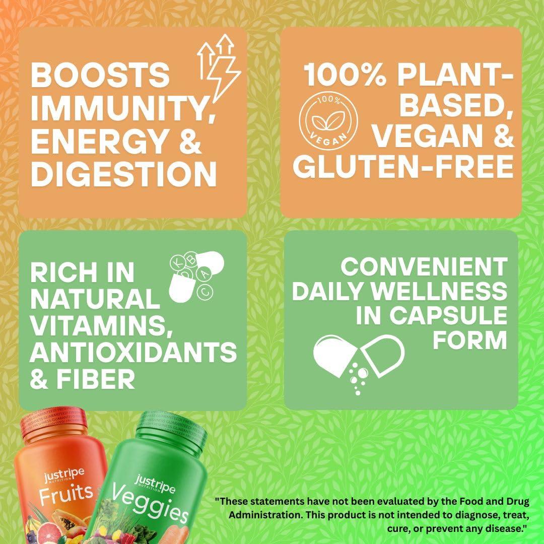 Just Ripe Nutrition Fruits and Veggies Supplement - 90 Fruit and 90 Vegetable Capsules - 100% Whole Natural Superfood - Filled with Vitamins and Minerals - Supports Energy Levels (1 Pack) - Image 6