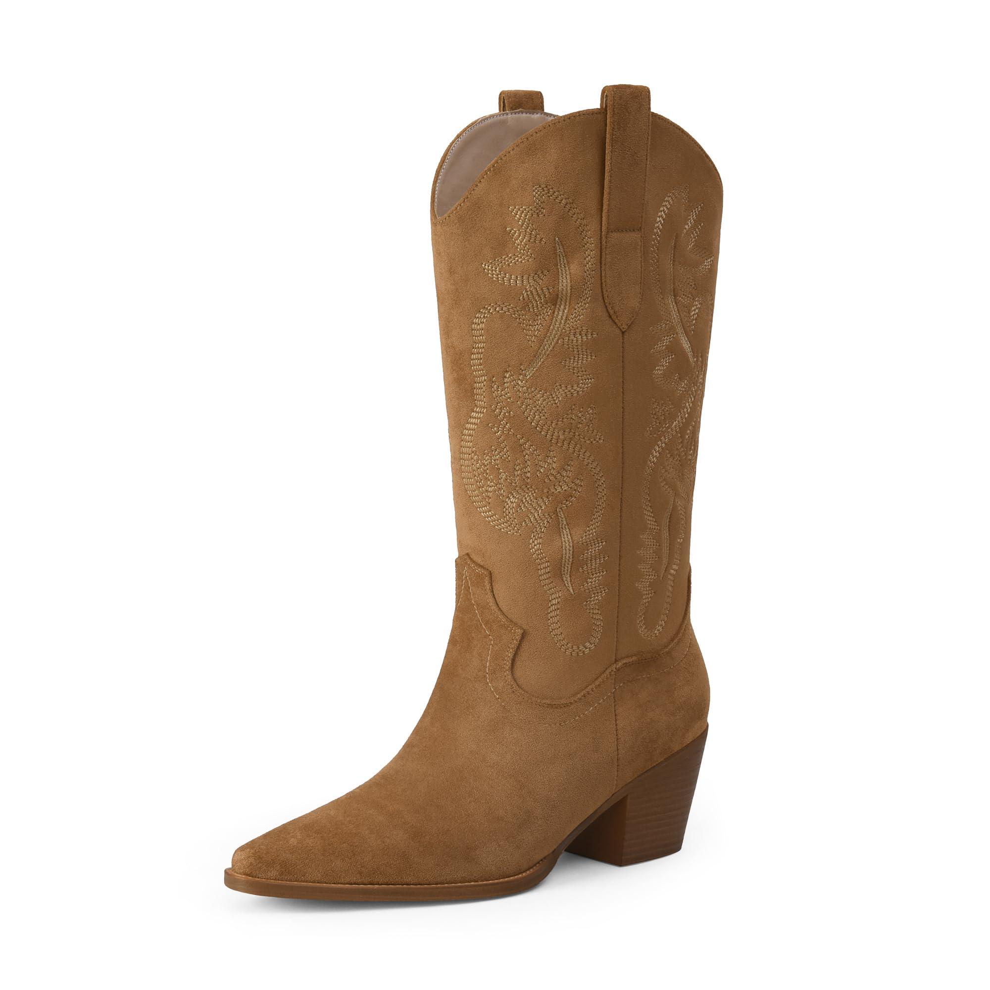 iiimmu Cowgirl Boots Women Knee High Boots Pointed Toe and Block Heel Cowboy Suede and Faux Leather Boots with Embroidered