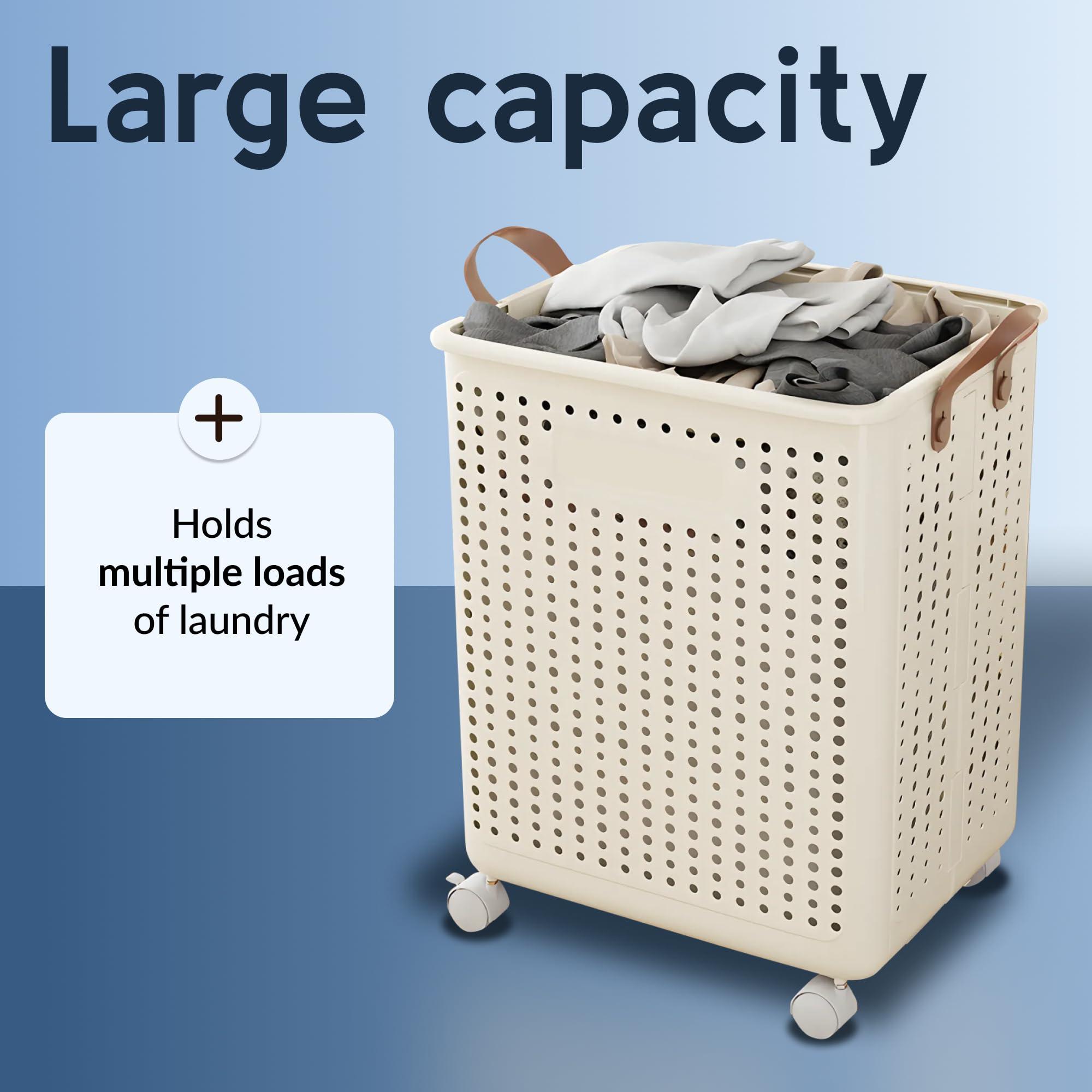 Large Laundry Basket with Wheels and Handles, 17 Gal (64L) Dirty Clothes Hamper, Foldable Design from Spacious to Slim Laundry Hamper, Rolling Laundry Basket for Bathroom, Bedroom, Dorm, Beige - Image 8