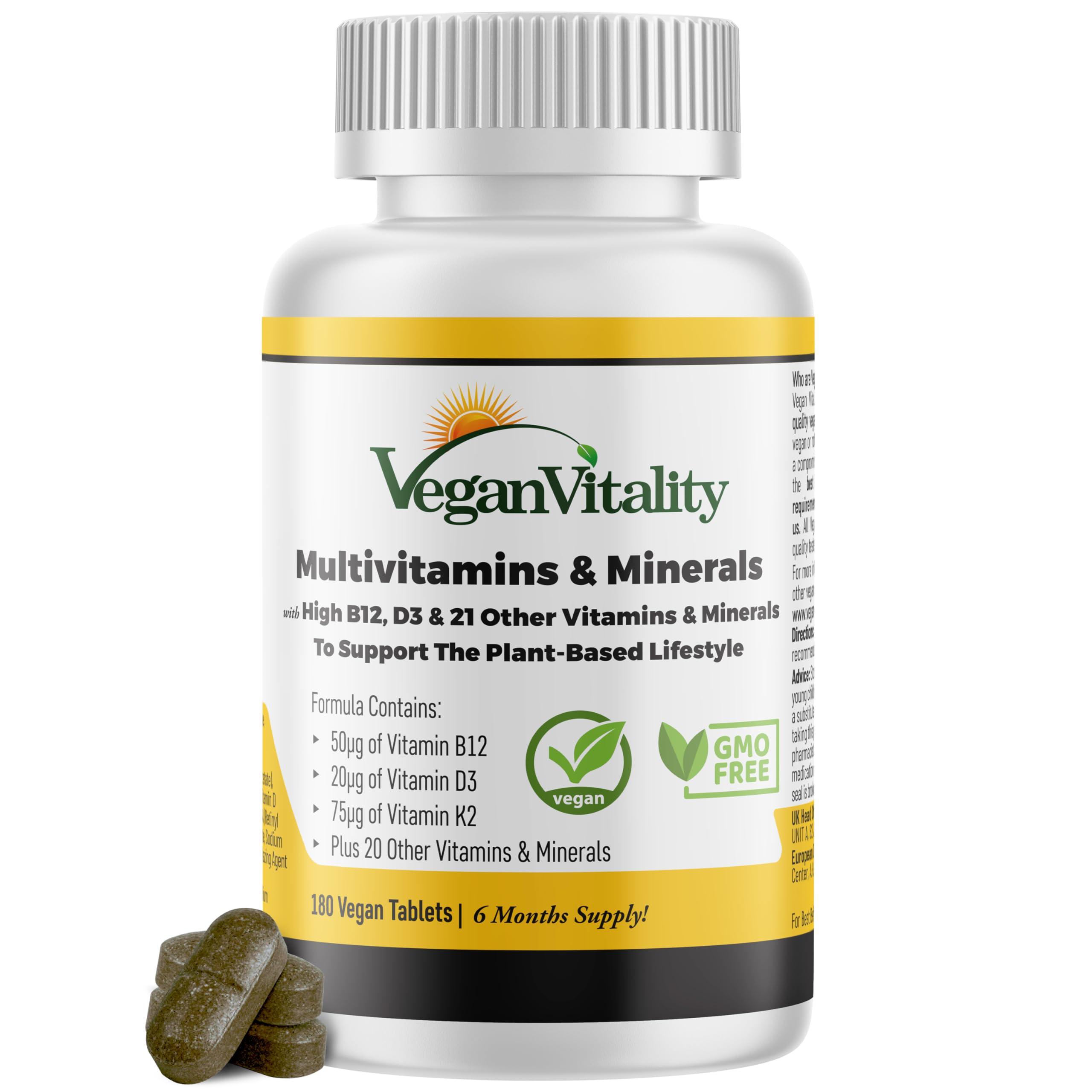 Vegan Vitality Multivitamins & Minerals for Women and Men with High Strength Vitamin B12, D3 & K2. 180 Vegan Multivitamin Tablets - 6 Months Supply. Vitamins for Vegans & Vegetarians