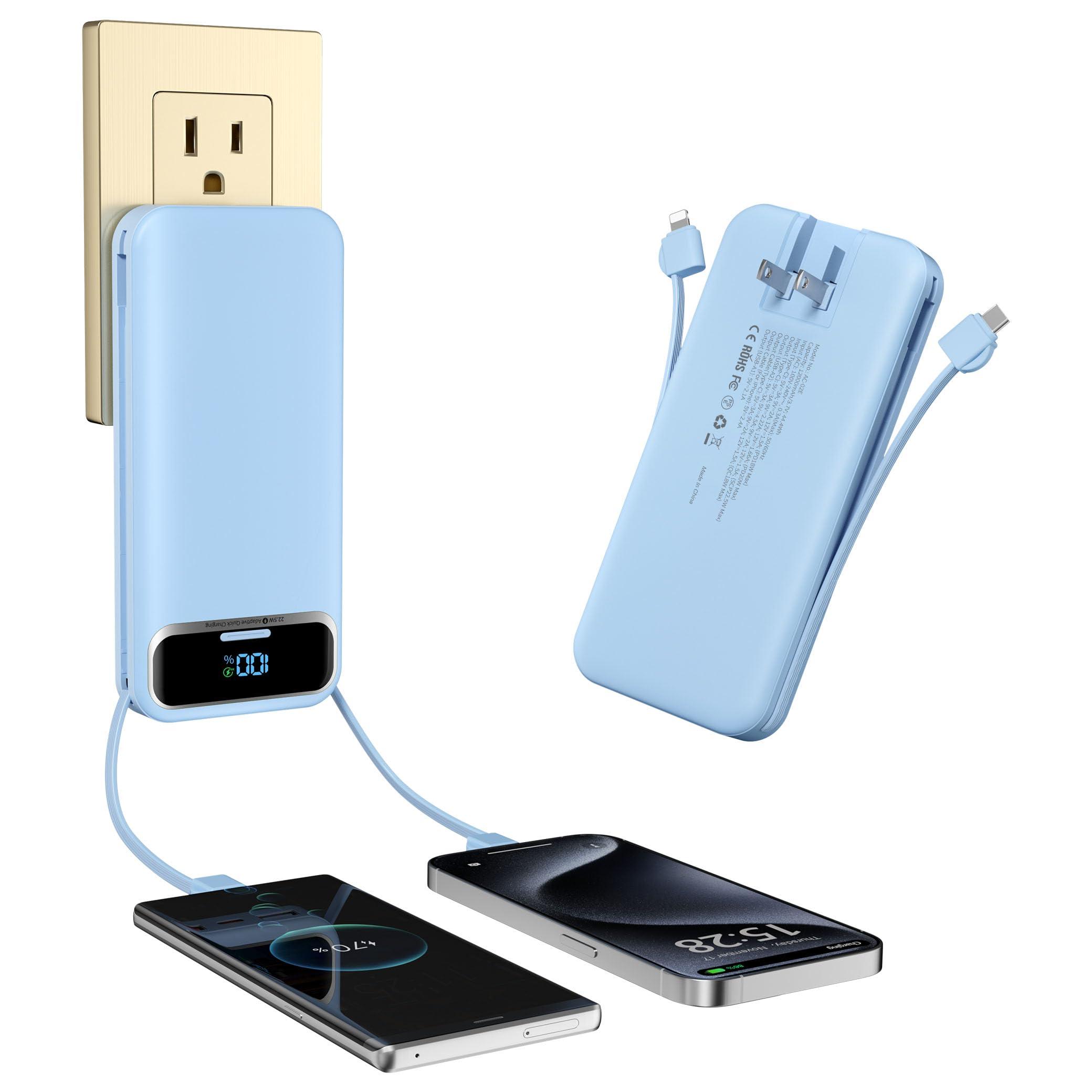 Portable-Charger Power-Bank with Built-in Cables & AC Wall Plug - 12000mAh PD 20W Fast Charging for iPhone,Samsung,Android, USB-C,Rechargeable External Battery Pack for Cell Phone,Type C,Travel Blue