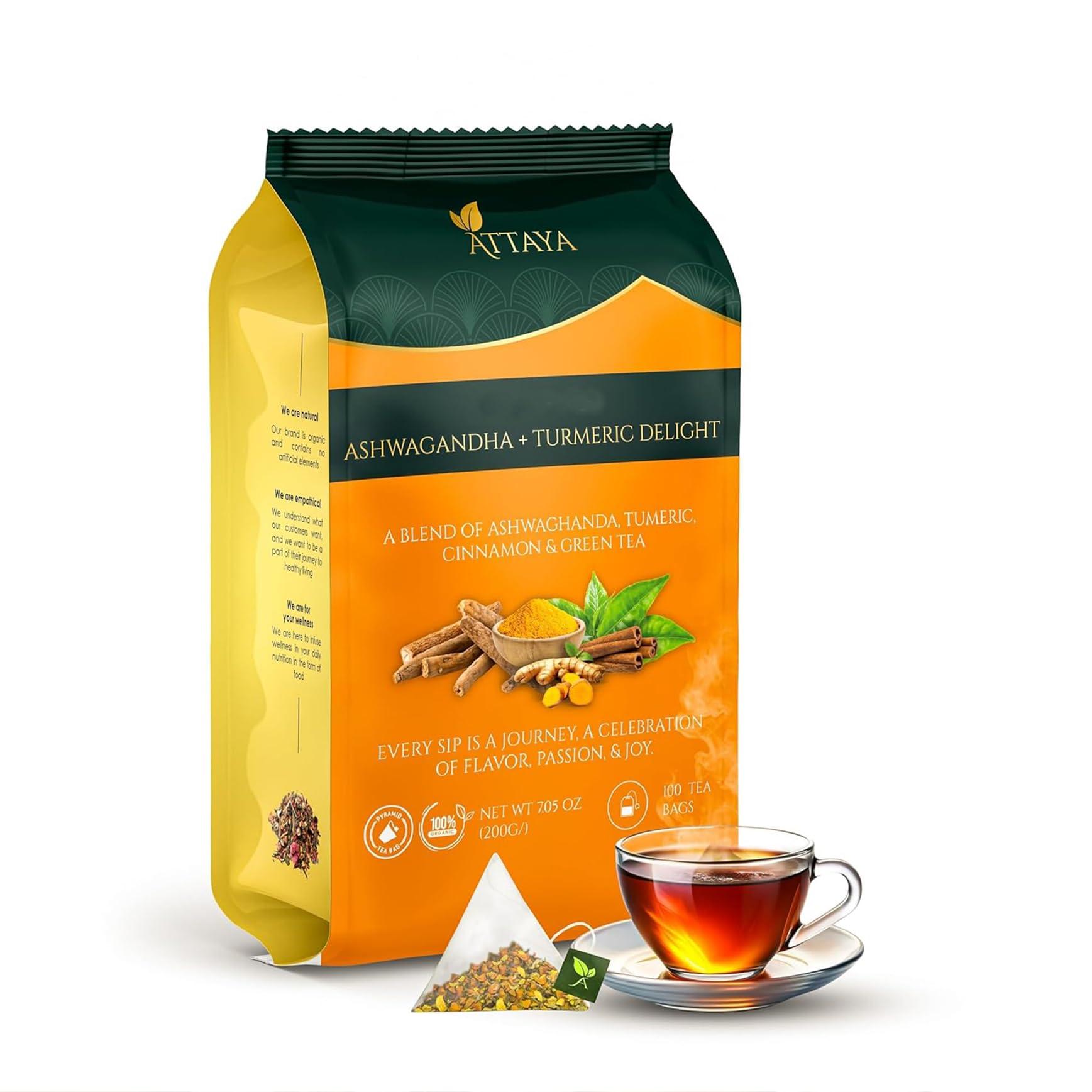 Attaya Ashwagandha Tea Bags - Ashwangandha + Turmeric Delight Tea -100 Tea Bags -100% Herbal blend of Ashwagandha, Turmeric, Cinnamon, and Green Tea, 7.05 oz (200g)