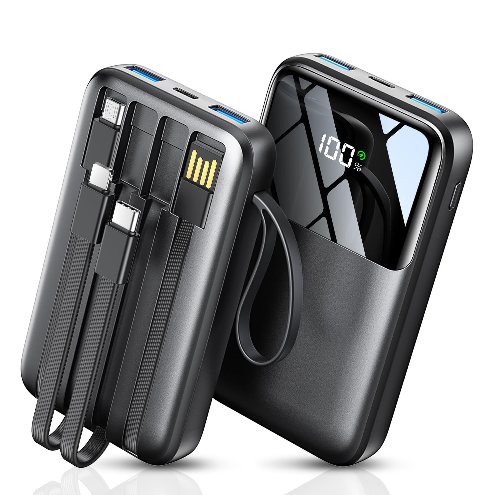 Portable Charger with Built in Cable, 15000mAh Power Bank, 22.5W Fast Charging, 6 Outputs, Slim Travel Essential Battery Pack with LED Display, Compatible with iPhone 16/15/14/13, Samsung, iPad, etc