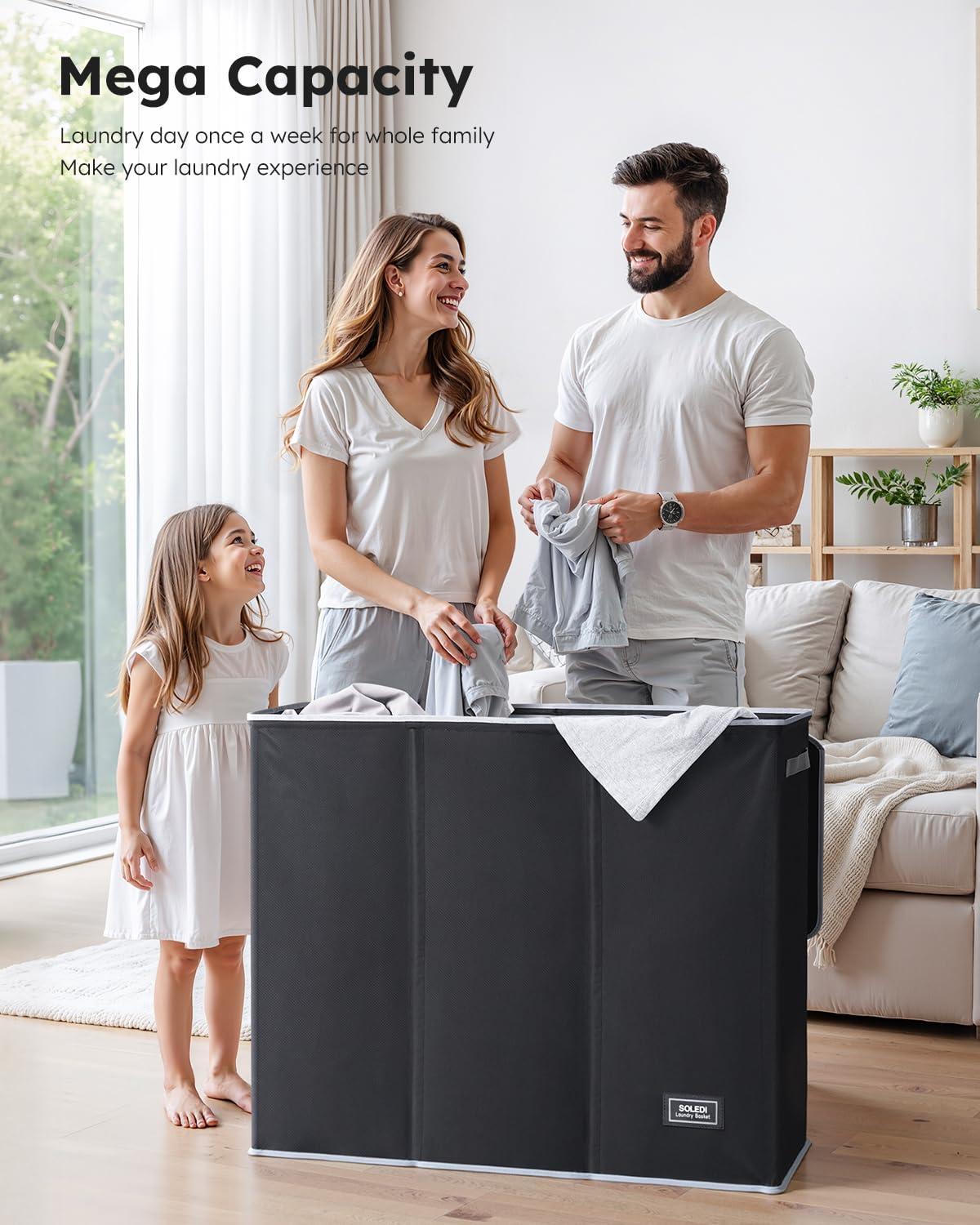 SOLEDI 180L Laundry Hamper 3 Section, Extra Large Laundry Hamper with Lid, Dirty Clothes Hamper with Sturdy Handle, Large Laundry Basket Organizer for Laundry Room, Bedroom, Hampers for Laundry - Image 4