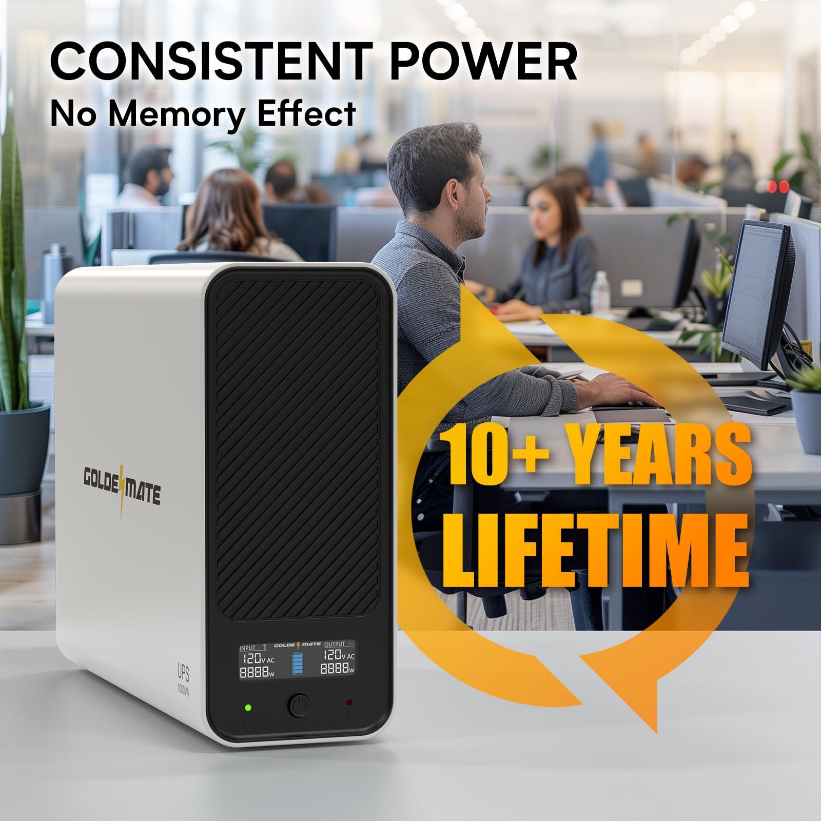 GOLDENMATE 1000VA/600W Lithium UPS Battery Backup and Surge Protector, Backup Battery Power Supply with LiFePO4 Batteries(153.6 Wh), Sinewave UPS System, 10 Years Lifespan, 8-Outlets, LCD Display - Image 3