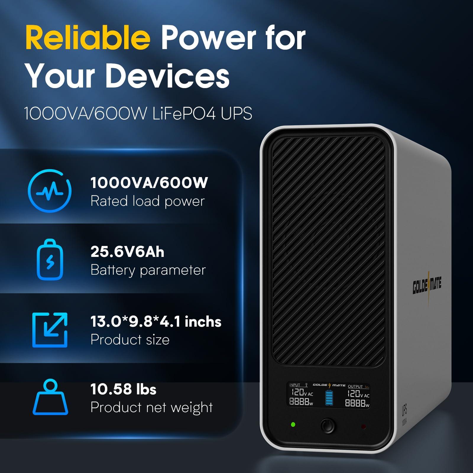 GOLDENMATE 1000VA/600W Lithium UPS Battery Backup and Surge Protector, Backup Battery Power Supply with LiFePO4 Batteries(153.6 Wh), Sinewave UPS System, 10 Years Lifespan, 8-Outlets, LCD Display - Image 4