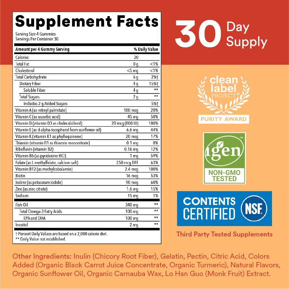 SmartyPants Kids Multivitamin Gummies and Fiber Supplement: Vitamin D3, C, Vitamin B12, B6, A, Zinc, Biotin, Inositol, Fiber Gummies, Three Fruit Flavors, 120 Count (30 Day Supply) - Image 4