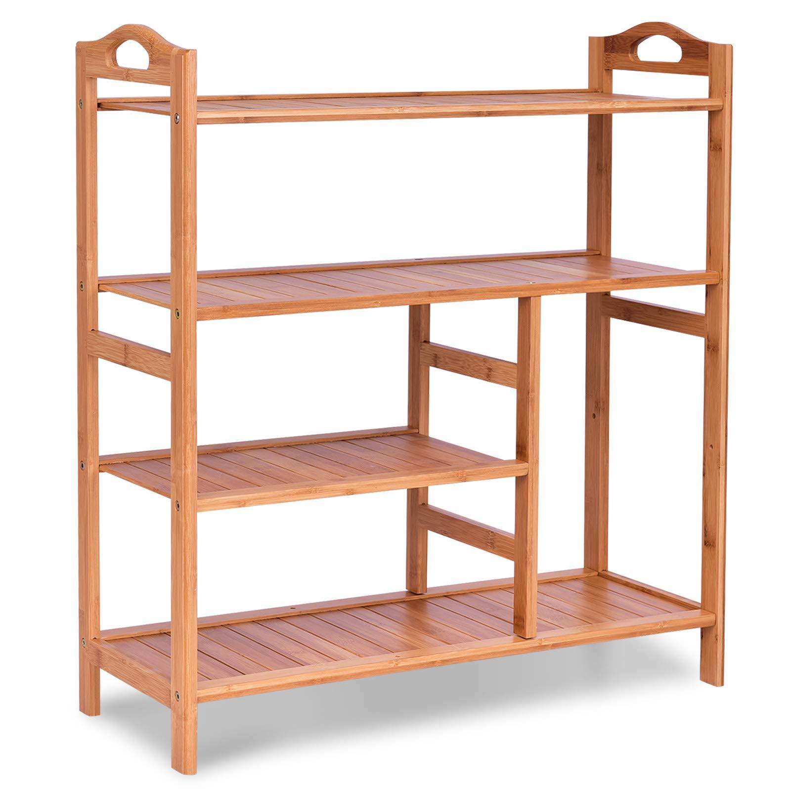 BETTARY 4-Tier Bamboo Shoe Rack, Shoe Shelf Organizer Holds up to 44LBS with Two Rounded Handle for Entryway Kitchen Living Room Closet, Multifunctional Stand Shelf for Footwear Book Flowerpots