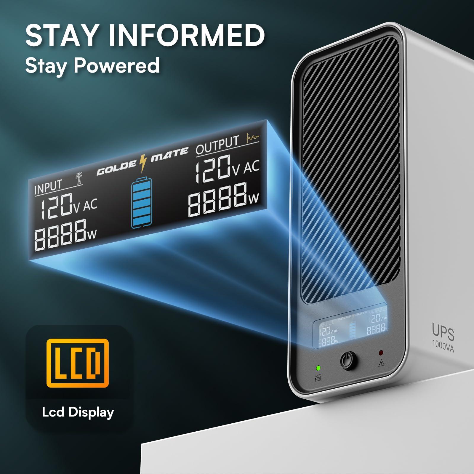 GOLDENMATE 1000VA/600W Lithium UPS Battery Backup and Surge Protector, Backup Battery Power Supply with LiFePO4 Batteries(153.6 Wh), Sinewave UPS System, 10 Years Lifespan, 8-Outlets, LCD Display - Image 6