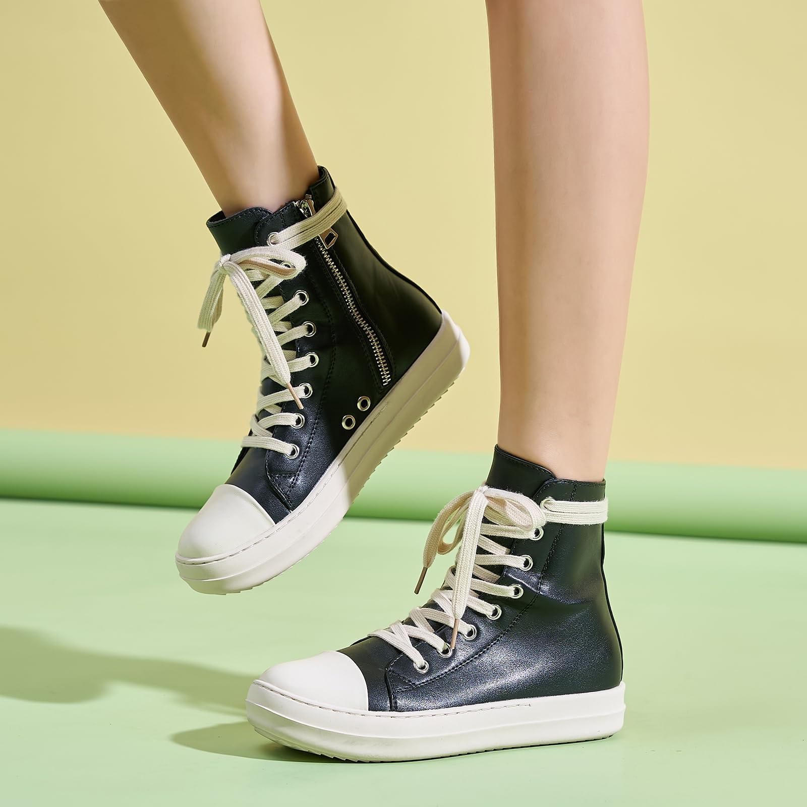 Kluolandi Women's High Top Sneakers Lace Up Canvas Shoes with Zipper Comfort Platform Walking Shoes in Black and White - Image 4