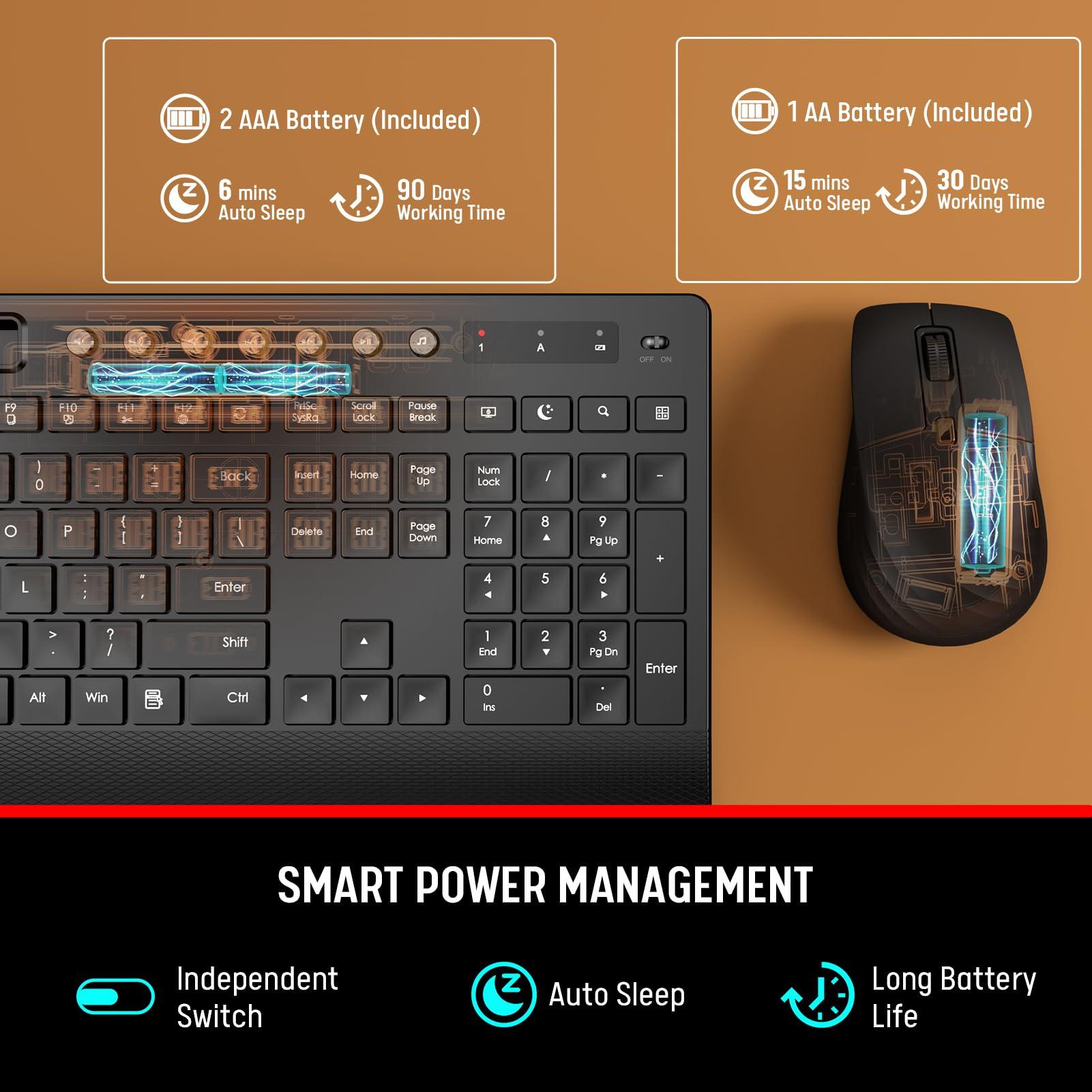 Trueque Wireless Keyboard and Mouse Combo - Full-Size Quiet Keyboard with Palm Rest, Phone Holder, Multimedia Keys, Power Switch, Compatible with Windows, Chrome OS, PC, Laptop (Batteries Included) - Image 5