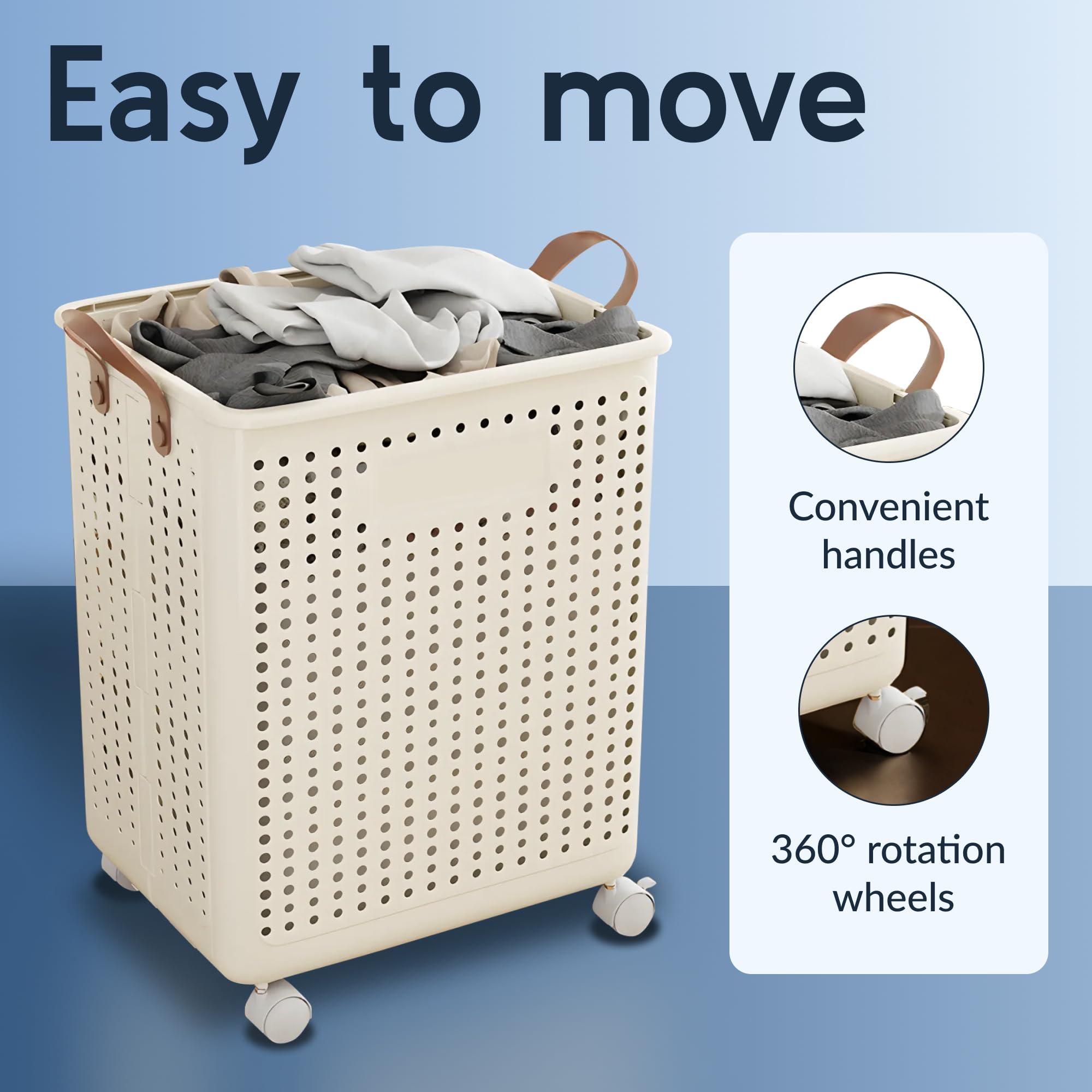 Large Laundry Basket with Wheels and Handles, 17 Gal (64L) Dirty Clothes Hamper, Foldable Design from Spacious to Slim Laundry Hamper, Rolling Laundry Basket for Bathroom, Bedroom, Dorm, Beige - Image 6